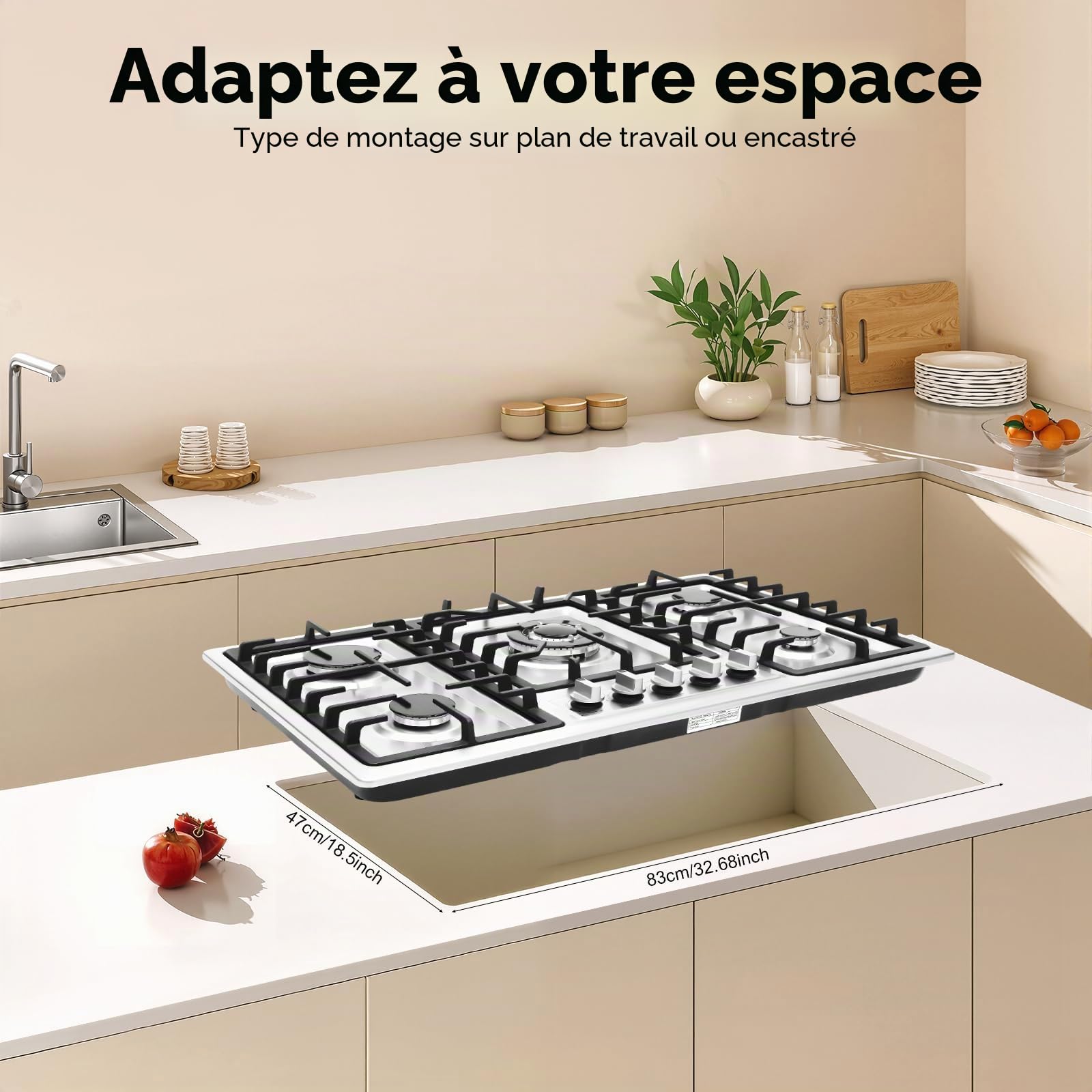 Table Cuisson Gaz 5 Feux, Plaque Encastrable, Cuisinière Professionnelle, Acier Inoxydable, Protection Sécurité Flamme, Contrôle Indépendant, Pour Restaurant Maison Hôtel