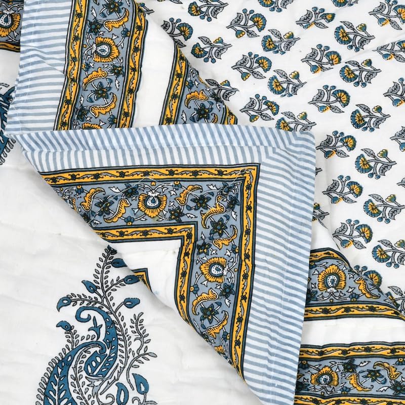 Image of BLOCKS OF INDIA Cotton Single Size Quilt Hand Block Print for Light Winters (60x90 Inches) (Grey Yellow BUTI)-300 TC