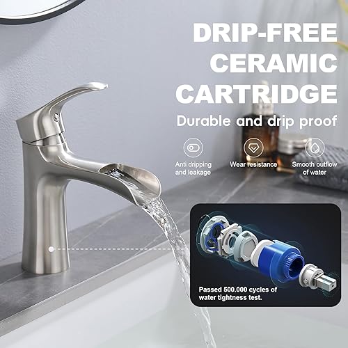 Miniatura 5 de NEWATER Grifo de baño de latón cascada de una sola manija, color dorado cepillado, grifo dorado de un solo orificio para lavabo de baño, grifo de