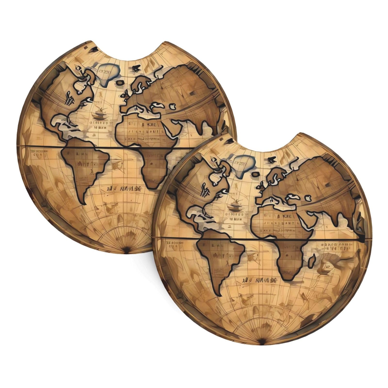 2 Pack Car Coaster for Cup Holders Ancient Map World Globe Car Cup Coaster 2.7" Neoprene Non-Slip Automotive Cup Mat Universal Auto Car Interior Accessories for Women Men Cup Pad