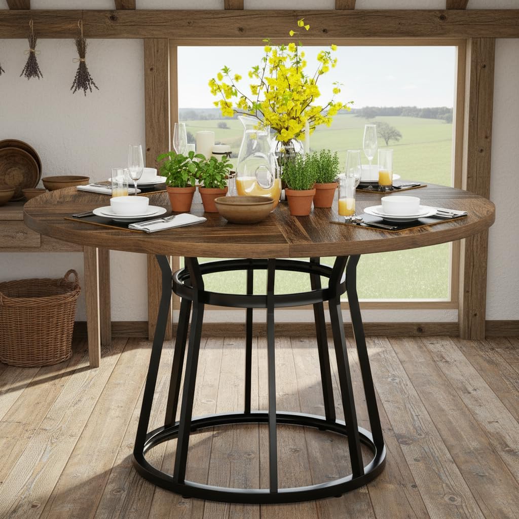 Tribesigns 120cm Round Dining Table for Kitchen, Dining Room, Living Room MDF Top Metal Frame, Industrial Style, Easy Assembly Space-Saving Table Seats 2-4 People -Brown 120x120x75 cm (Only Table)