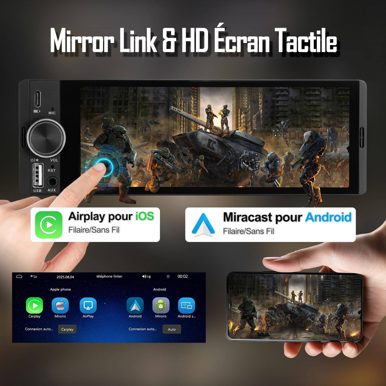 Autoradio 1 DIN, CarPlay Voiture & Android Auto sans Fil, Poste Radio Bluetooth Appels Main Libre, 6,36 Pouces HD Écran Tactile, Navigation GPS, Contrôle Vocal, AUX/FM, Mirror Link, USB Type-C