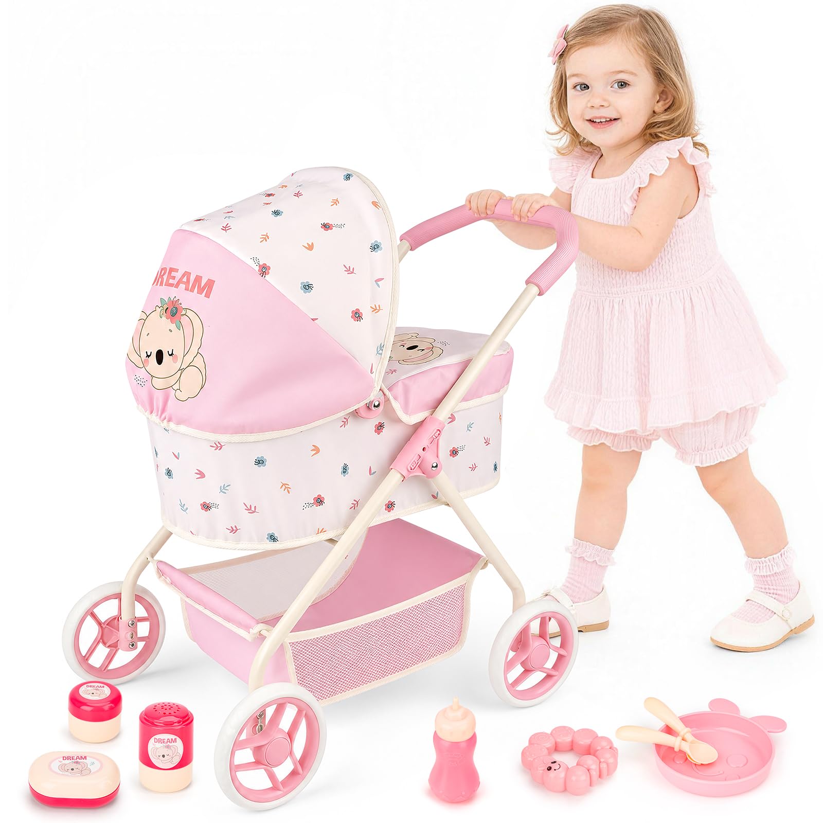 deAO Poussette Poupee 2 en 1 avec Capote pour Poupées 60 * 49.5 * 36.5cm | Roues Silencieuses pour Intérieur et Extérieur, Compacte, Landau et Canne pour Poupées jusqu'à 38 cm