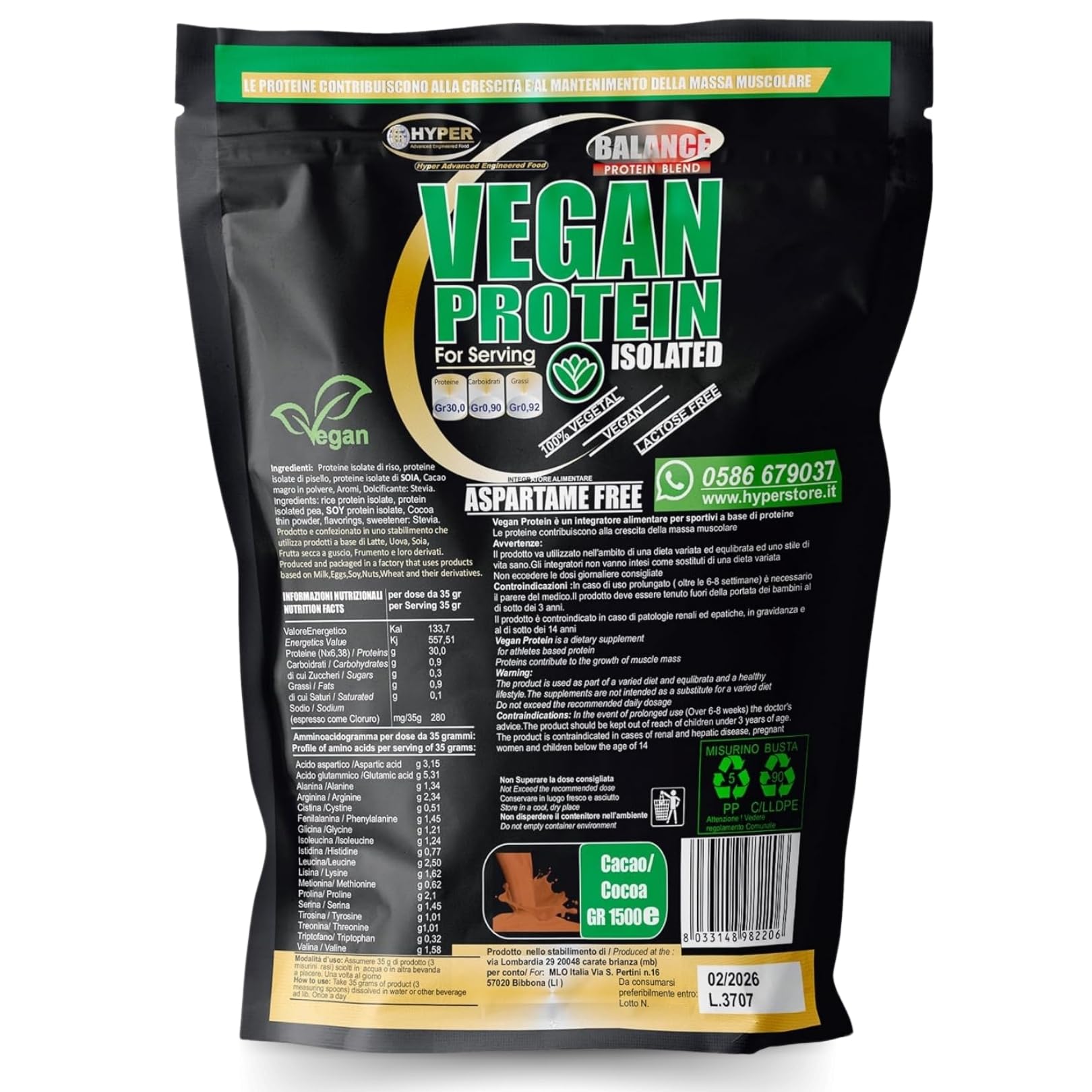 Hyper Vegan Protein 750g Cacao - Proteine in Polvere Senza Edulcoranti - Proteine Isolate Vegetali - Vegane per Aumento Massa Muscolare, Favoriscono il Recupero - prodotte in Italia