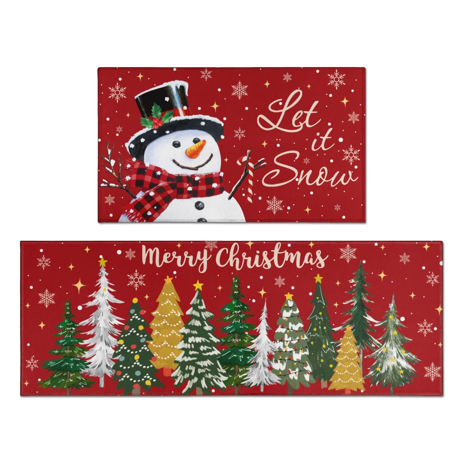 Christmas Kitchen Rugs Set of 2,Snowman Christmas Tree Christmas Rugs,Non-Slip Washable Kitchen Mats,Christmas Kitchen Decor,Suitable for Kitchen Holiday Sink Front Kitchen Mat,Red 17x30+17x47Inch