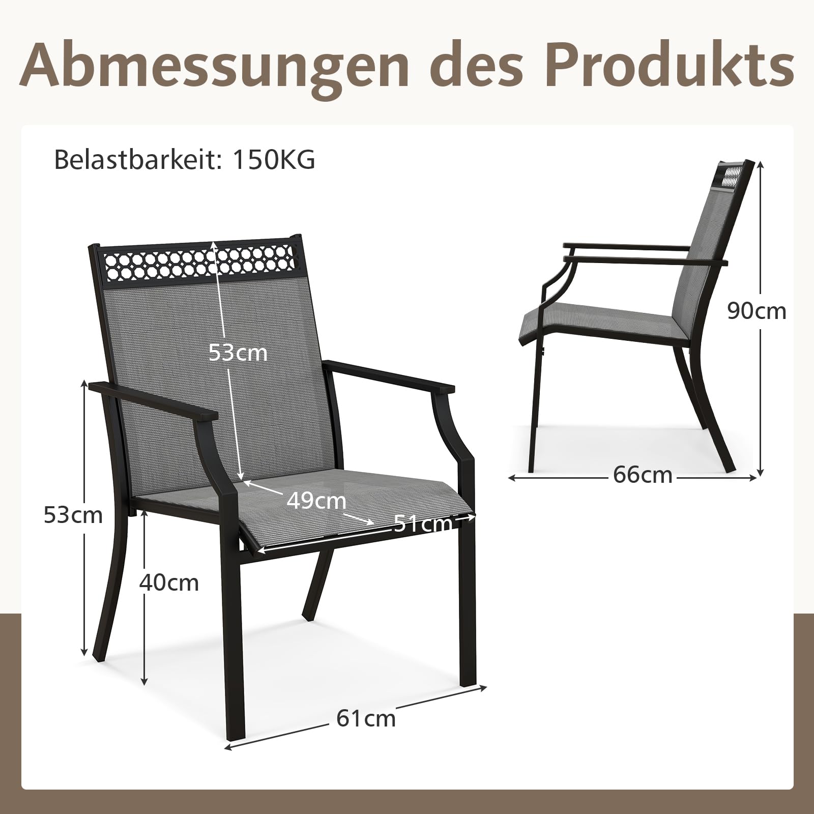 COSTWAY 2er Set Gartenstühle, Terrassenstühle mit breiter Sitzfläche & schnell trocknendem Stoff, Balkonstühle, Outdoor-Stühle bis 150 kg belastbar, für Garten, Balkon, Poolbereich (Grau)