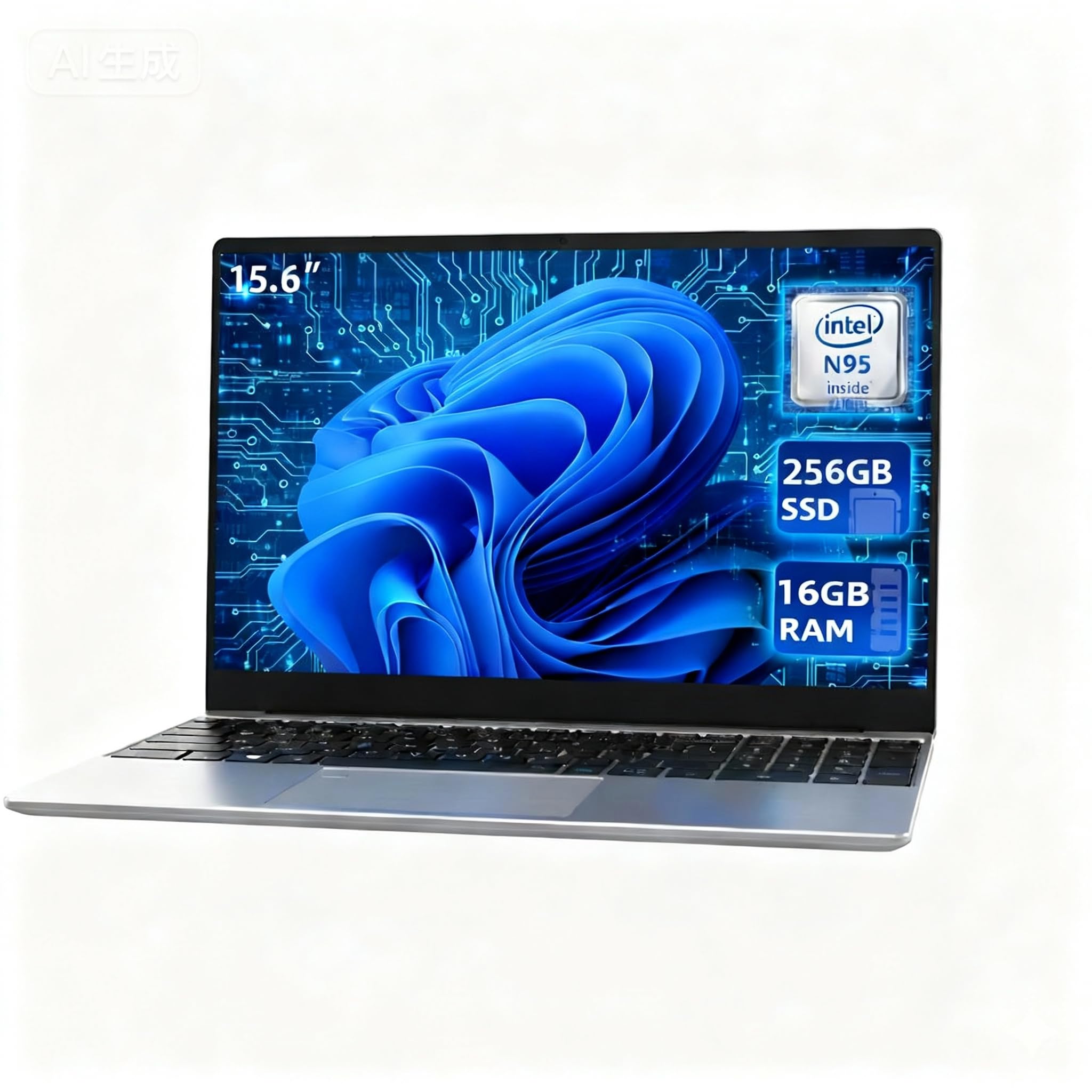 Notebook 15,6" con Processore N95, 16GB RAM 256GB, Schermo FHD IPS, Tastiera Retroilluminata, Lettore di Impronte, WiFi 5, PC Portatile Leggero per Studio, Lavoro e Casa(Tastiera UK+pellicola IT)