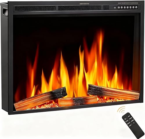 Joy Pebble Inserto de chimenea eléctrica de 34 pulgadas, calentador de chimenea eléctrico empotrado de 750 W1500 W, 5 colores de llama ajustable y 5