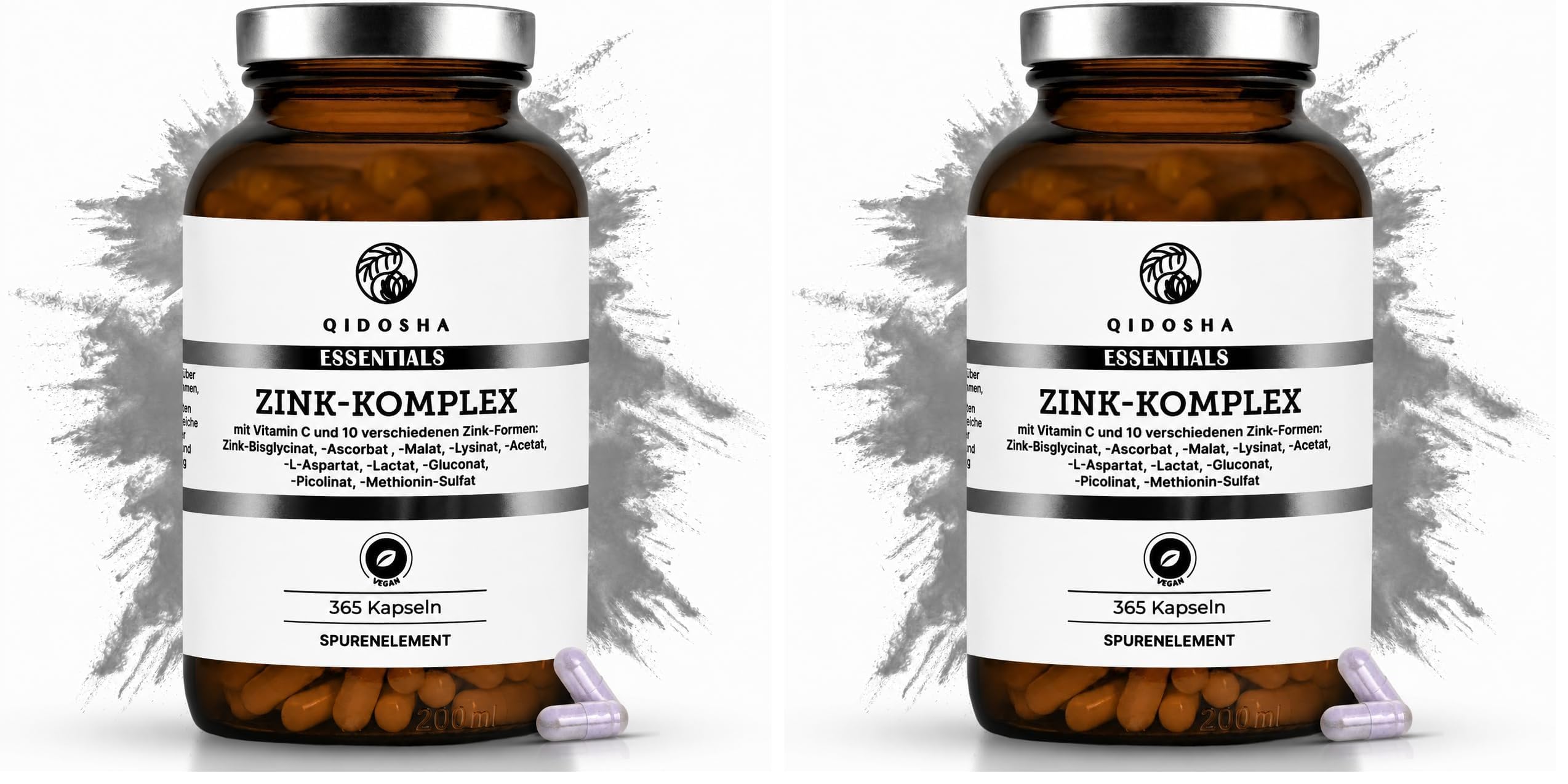 QIDOSHA® Zink Komplex, 365 Kapseln, 25 mg Zink aus 10 verschiedenen Zn-Formen plus Vitamin C, vegan, deutsche Fertigung, jede Charge laborgeprueft (Packung mit 2)