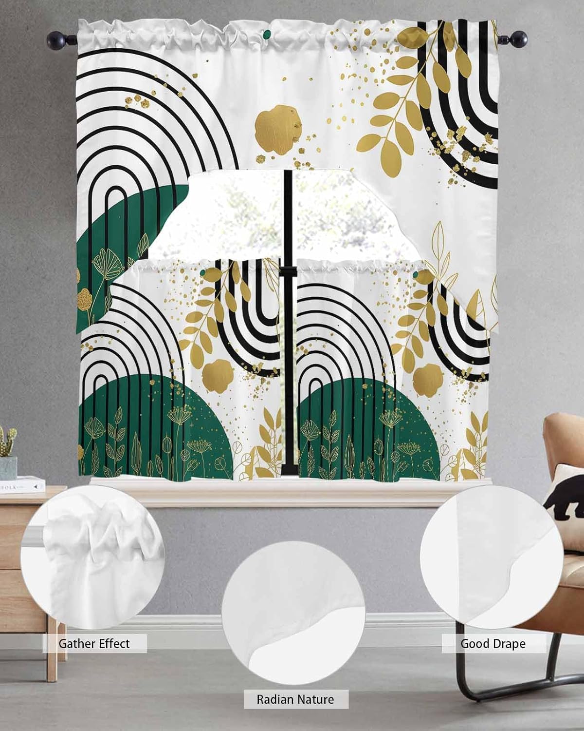 Boho Green Swag Kitchen Curtains Valance and Tier Set 24 Inch Length, Gold Leaf Black Bohemian Plant Circle Flower Rod Pocket Swag Curtains for Living Room Bedroom Bathroom Window Drapes 3 Piece