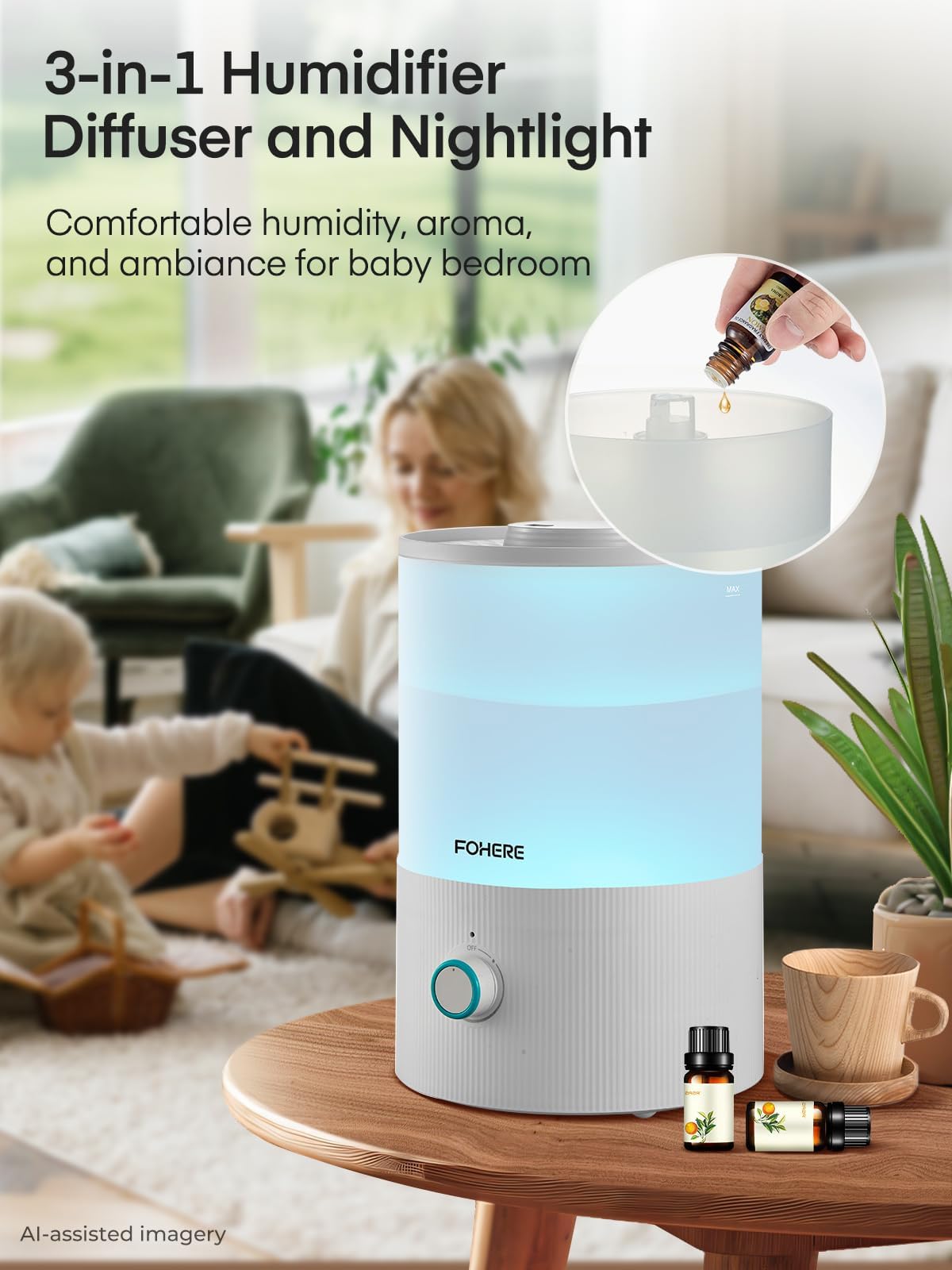 FOHERE Humidificateurs pour la chambre à coucher, humidificateur ultrasonique à remplissage par le haut de 3.2L à brume froide pour les chambres de bébé et les plantes, Blanc