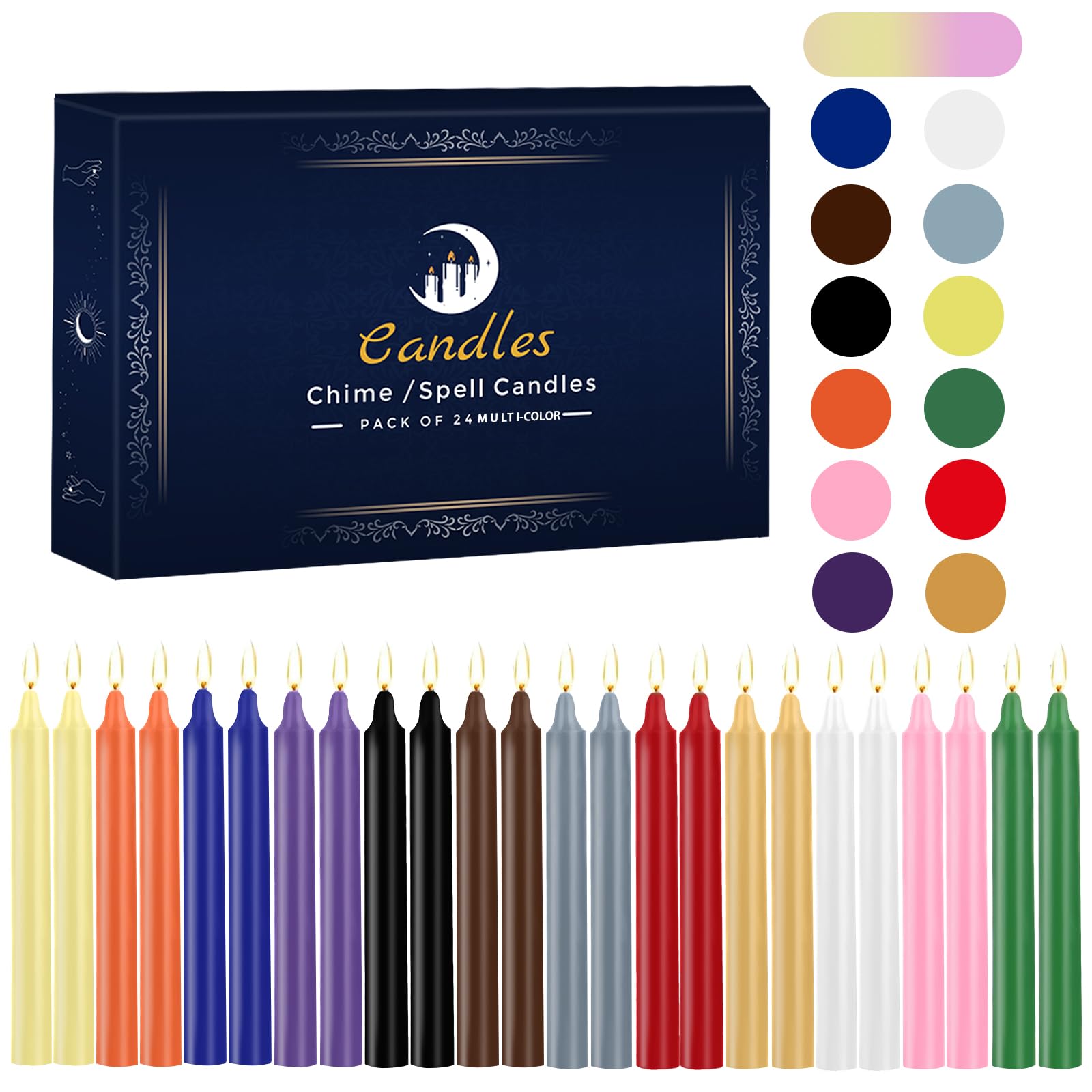 24 Pack Multicolor Spell Chime Candles – Premium Mini Unscented Taper Candles for Rituals, Prayer, Meditation, Altar, Spells – 4" Tall – Ideal for Witches & Spiritual Practices