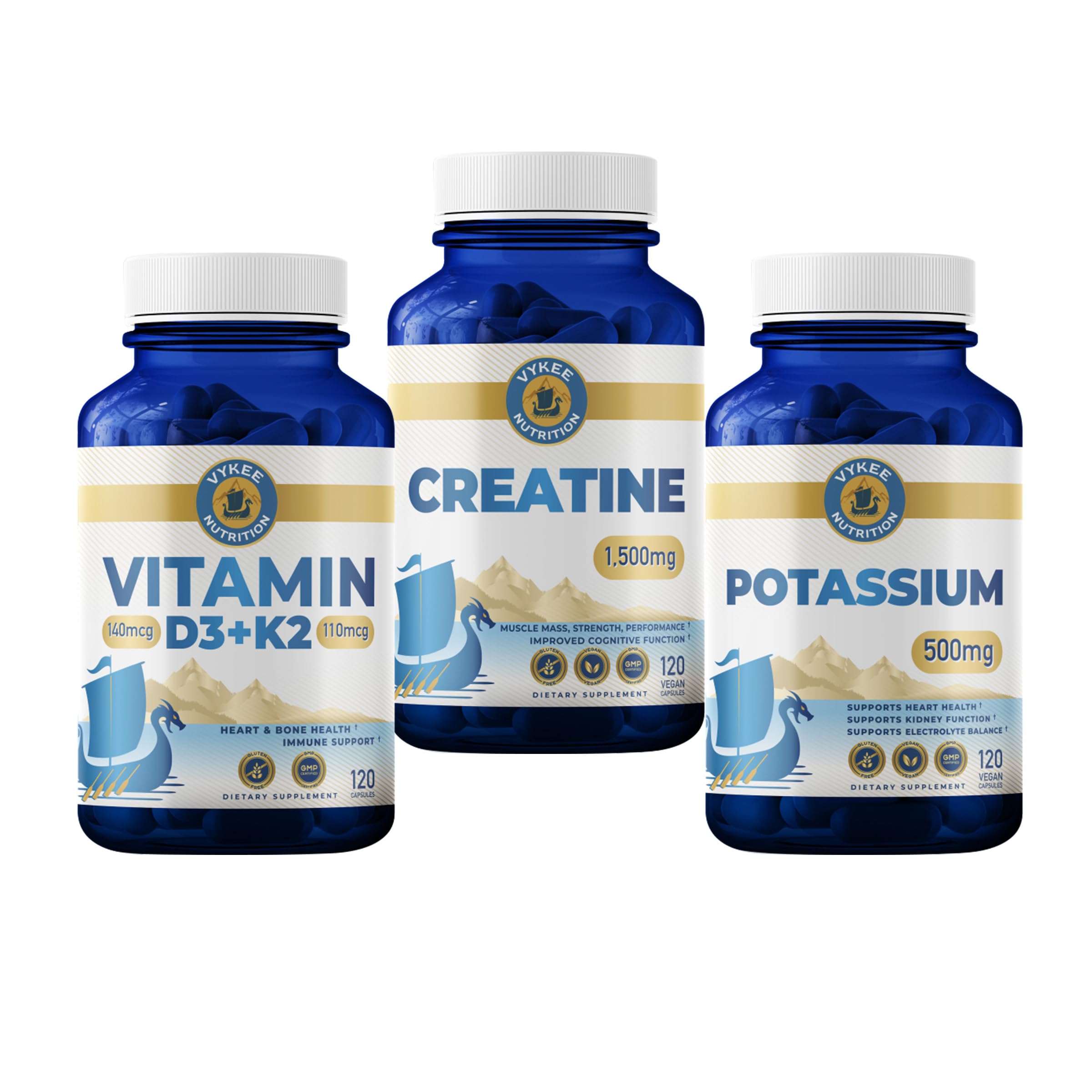 Vykee Nutrition Bone & Muscle Bundle – Vitamin D3 K2, Potassium Citrate & Creatine Monohydrate | Daily Nutritional Support | Vegan, Non-GMO | 3-Pack