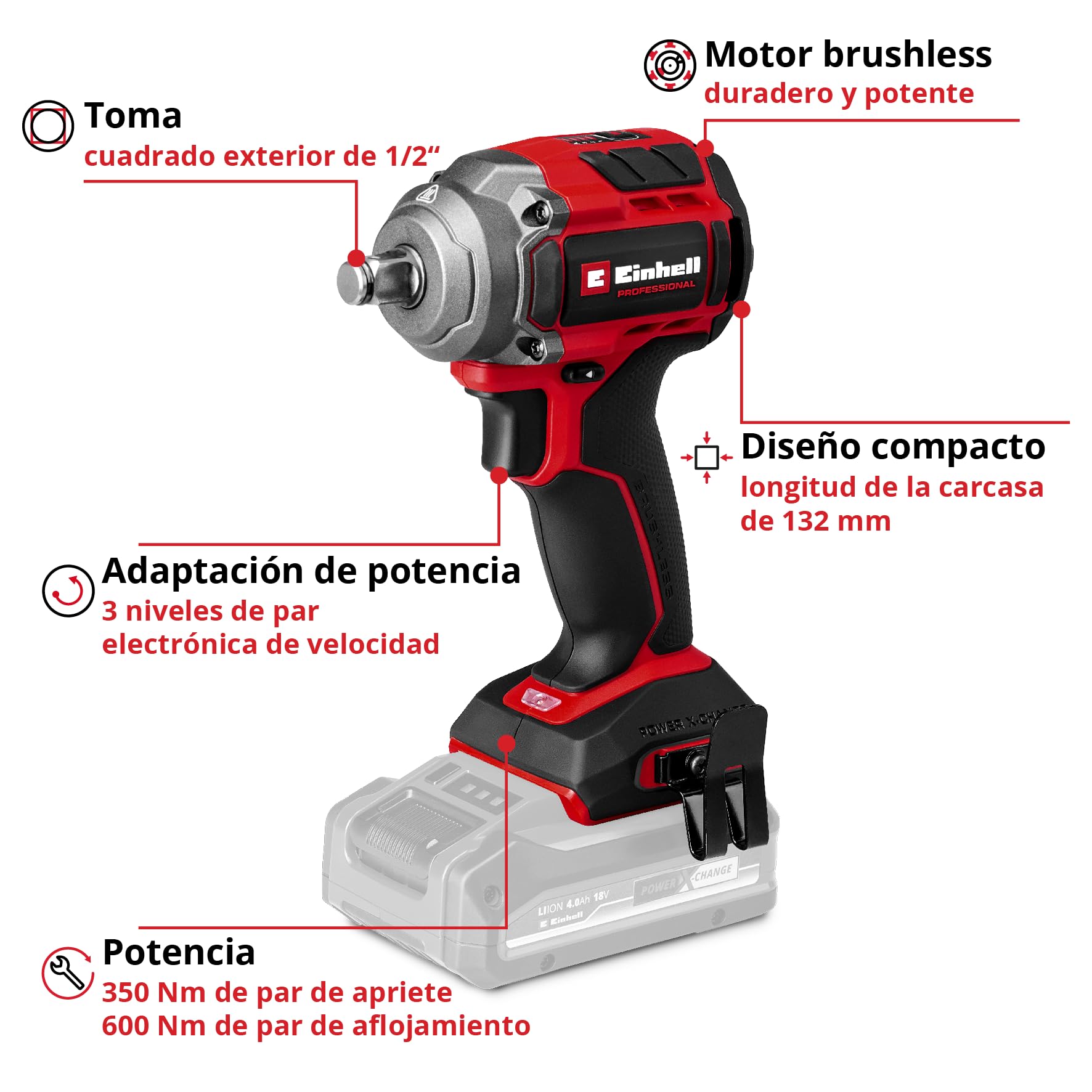 Einhell Professional atornillador de impacto con batería TP-CW 18/350-C Li BL-Solo PXC (18V, par 350Nm, modo de parada automática, brushless, recepción cuadrada exterior, sin batería)