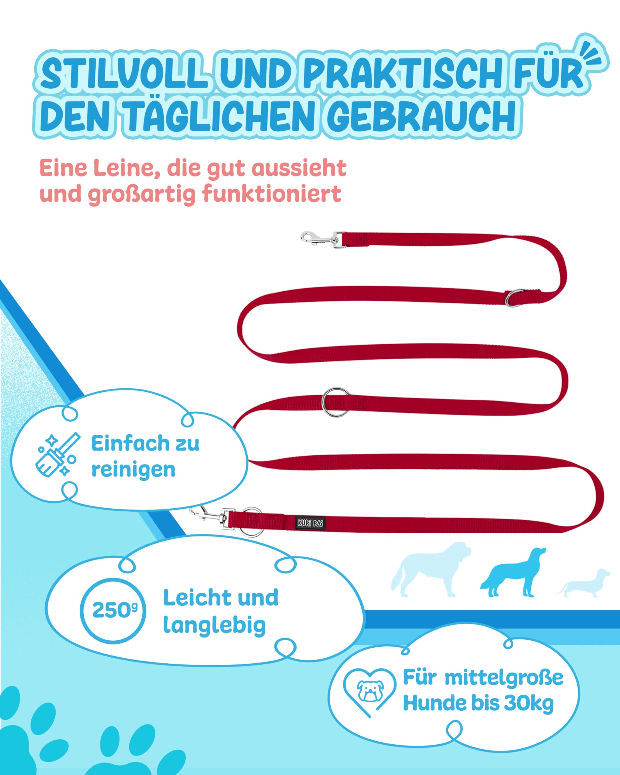 Komfortable Hundeleine 3m | Verstellbare Hundeleine mittelgroße Hunde | Bambusviskose | Strapazierfähig und weich | Perfekt für alltägliche Spaziergänge | M (2.0cm Breit) - Rot