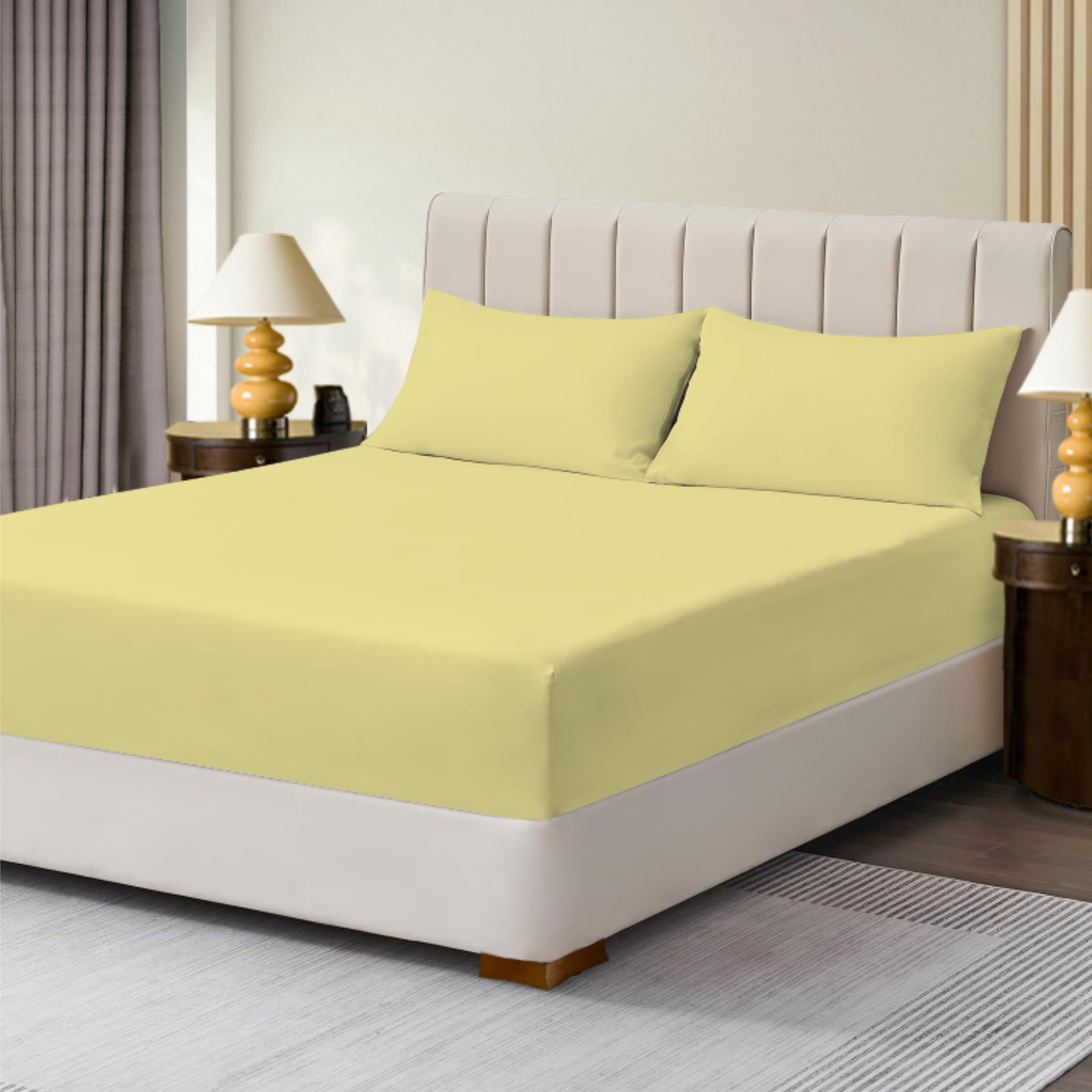 R&Z Lemon Extra Deep Polycotton Non Iron Fitted Sheet Easy Care 40Cm (, Double)