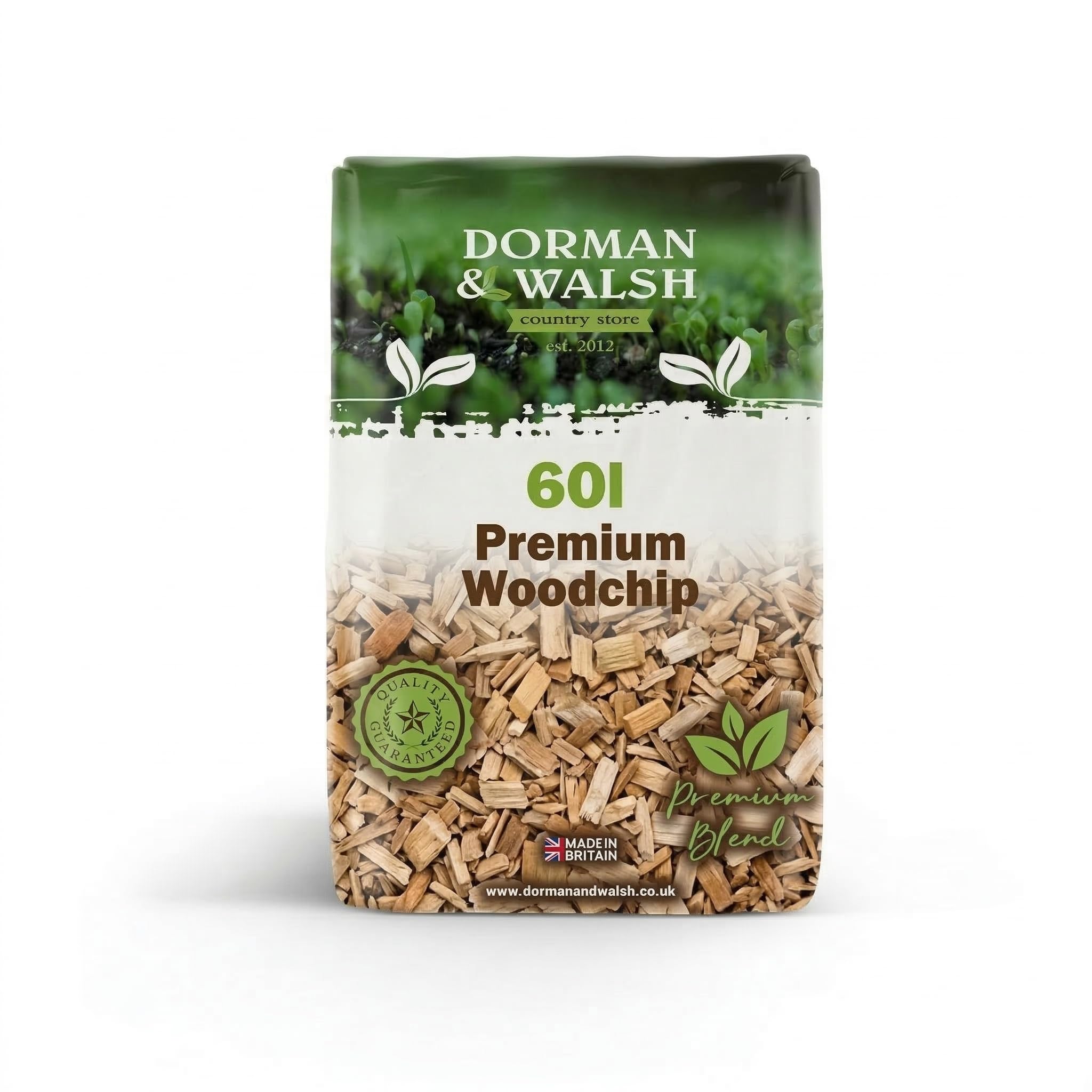 Dorman & Walsh 60L Premium Clean Wood Chip, Nutrient Rich for Mulching, Play Area Surfaces, Poultry runs and Animal Bedding
