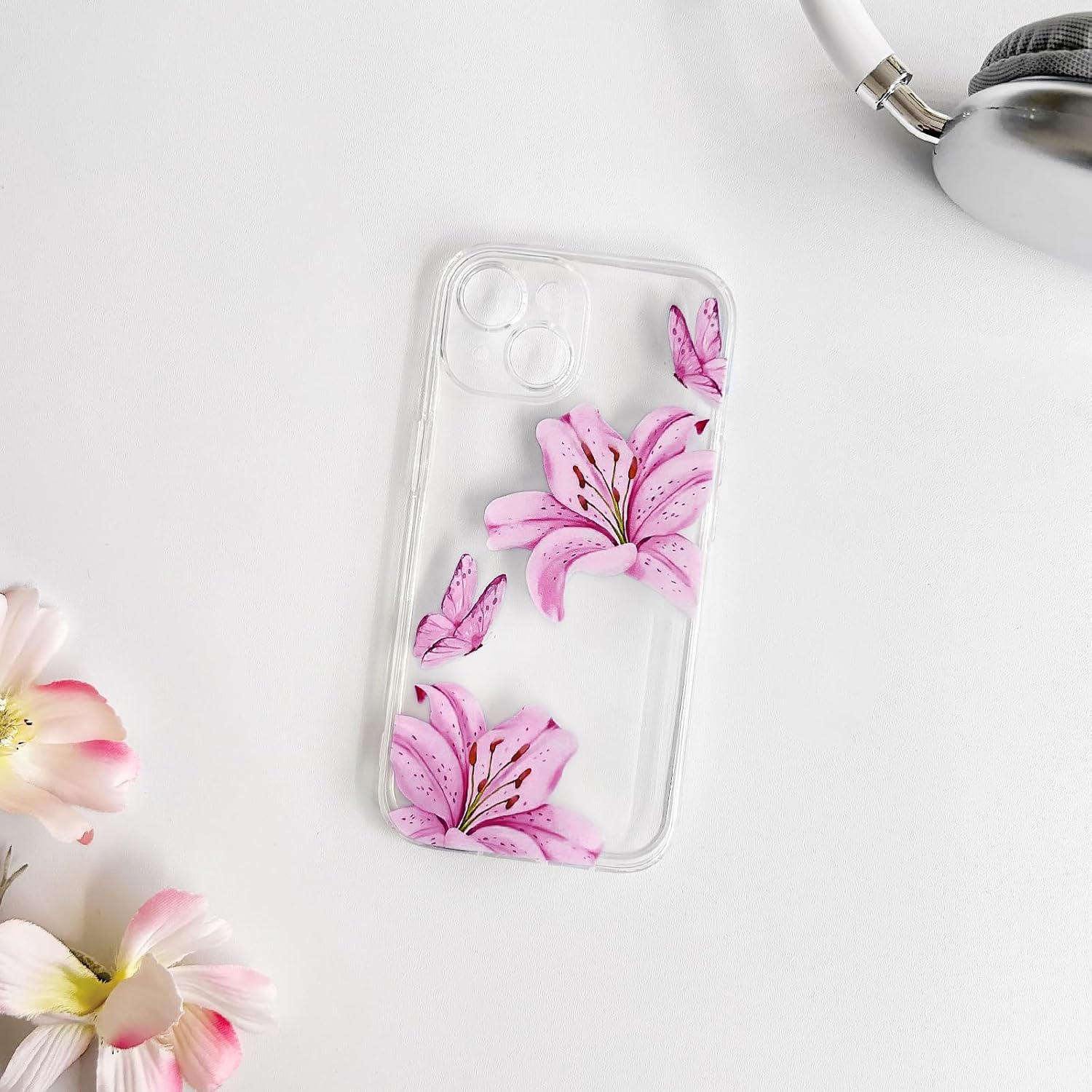 NITITOP Compatible with iPhone 14 Case Clear Cute Butterfly Lily Flower Floral Pattern for Women Girls Full Camera Lens Clear Slim Shockproof Protective Phone Cover - Rose Red - Image 5