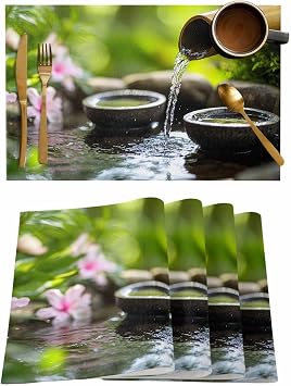 Flowing Water Zen Stones Placemats Set of 6, Heat Insulation Woven Place Mats, Modern Country Abstract Art Washable Placemat Non-Slip Table Mats for Kitchen Dining Table Indoor/Outdoor