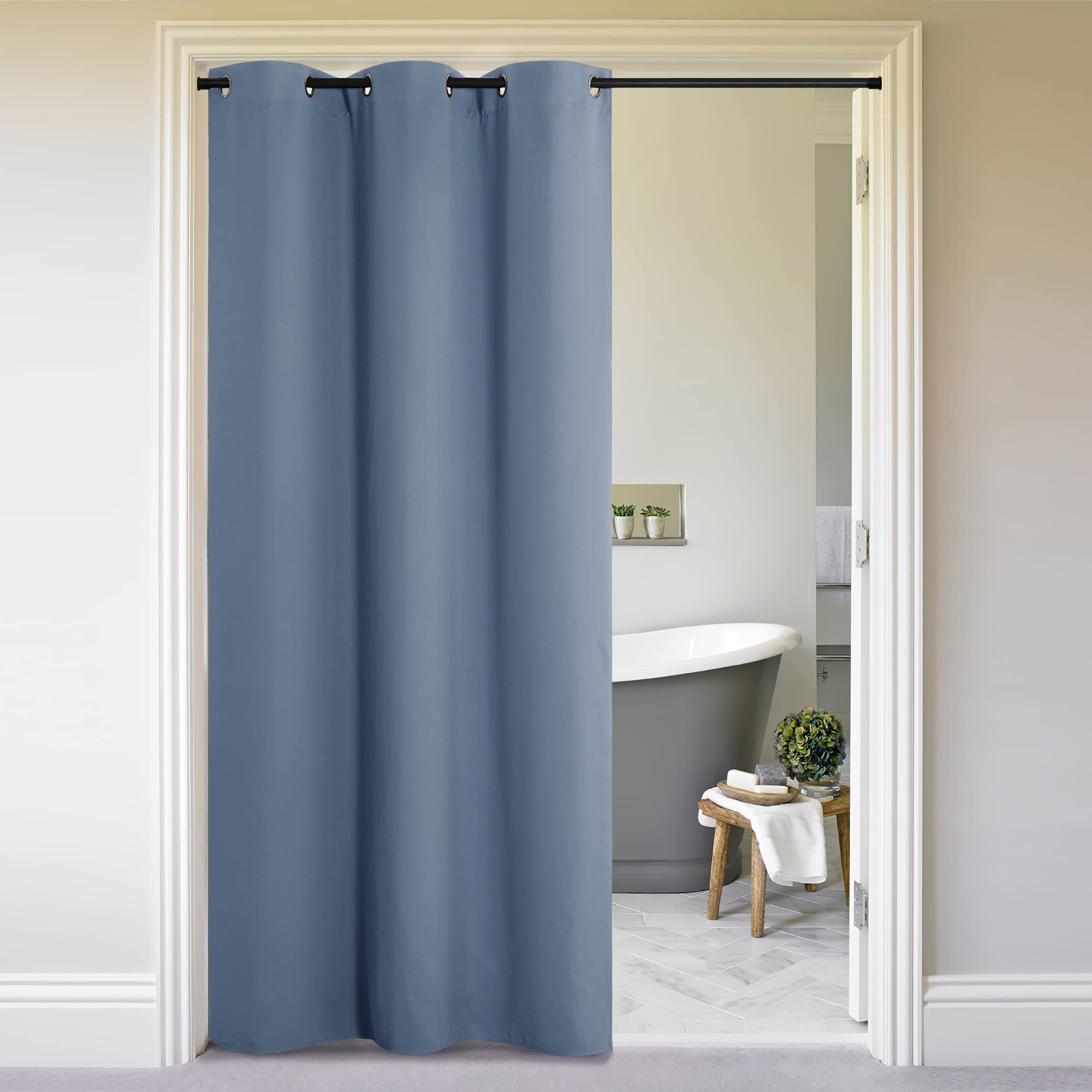 NICETOWN Faux Folding Accordion Doors, Front Door Curtains, Privacy Blackout Cloth Fabric, Living Room Bedroom Divider/Sliding Patio Decor Decoration (1 PCs, 9ft Tall x 5ft Wide, Stone Blue)