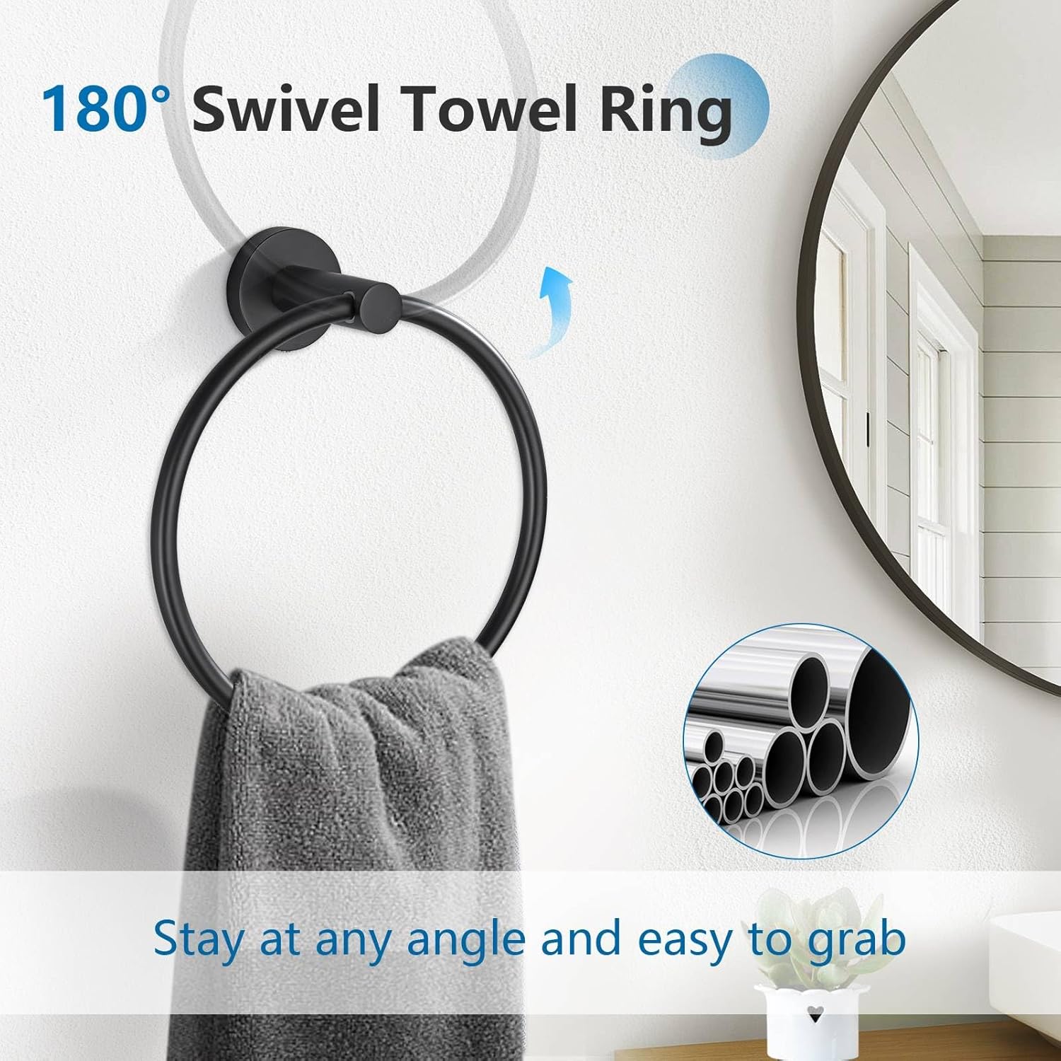 TNOMS 5 Pieces Towel Bar Set Matte Black Bathroom Hardware Accessories Set Stainless Steel Towel Racks Set for Bathroom,Wall Mounted 23.6 Inch Bathroom Hardware Set