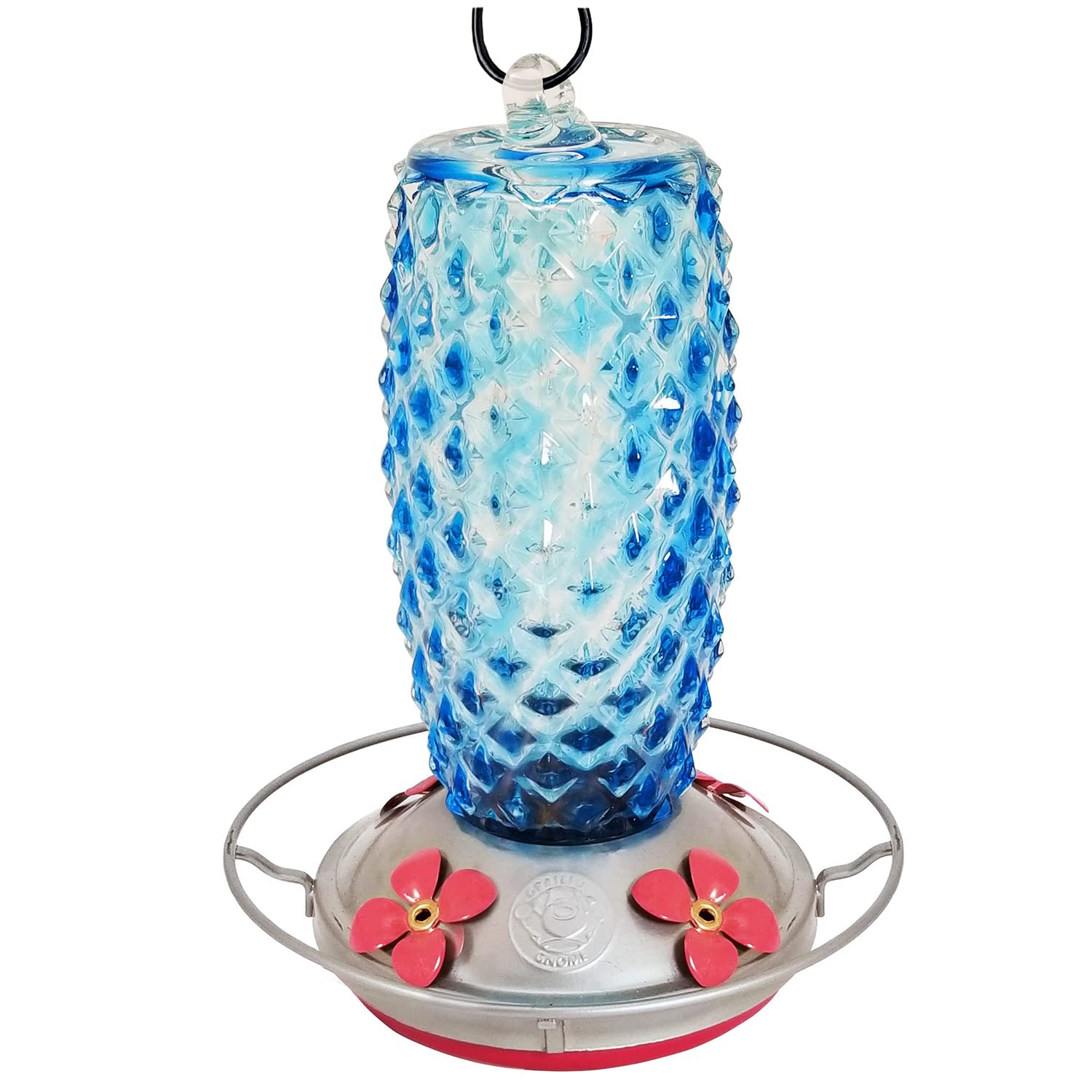 Hummingbird Feeder by Grateful Gnome - Large Hand Blown Stained Glass Feeder for Garden, Patio, Outdoors, Window with Accessories S-Hook, Ant Moat, Brush - 12 fl oz, Blue Crystal Design