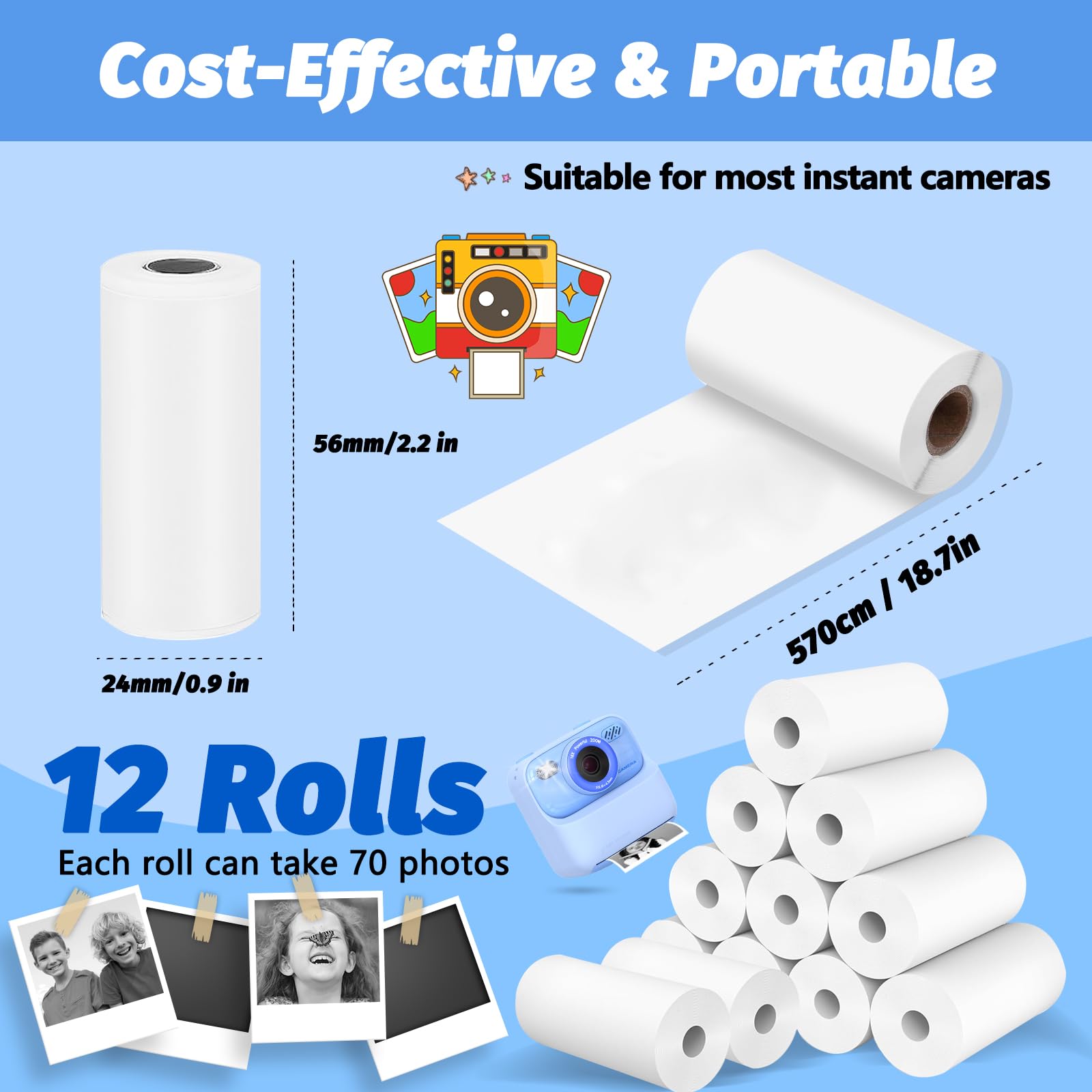15 RollsKids Camera Paper Roll For Kids Camera Instant Print Paper Rolls, 57 X 25mm Thermal Papers For Kids Instant Cameras, For POS Terminal/Cash Register/Mini Printers, 4.5 M In Total
