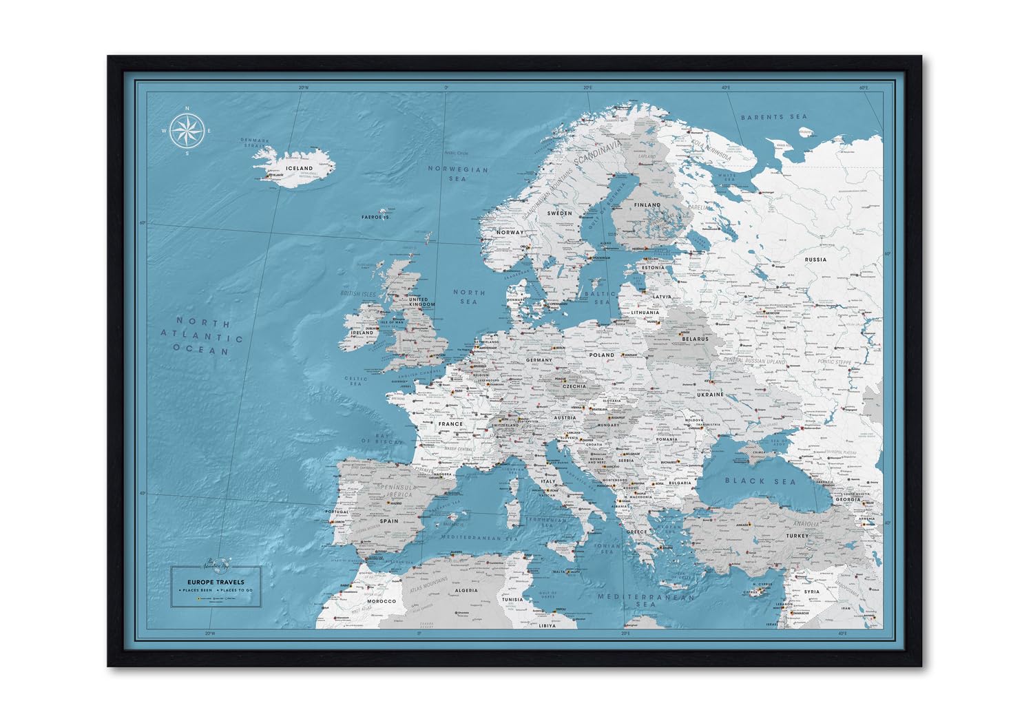 Framed Europe Map Wall Art with Pins | Personalised Push Pin Travel Map of Europe to Mark Your Trips, 100 Pins (Glacier, 80 x 60 cm)
