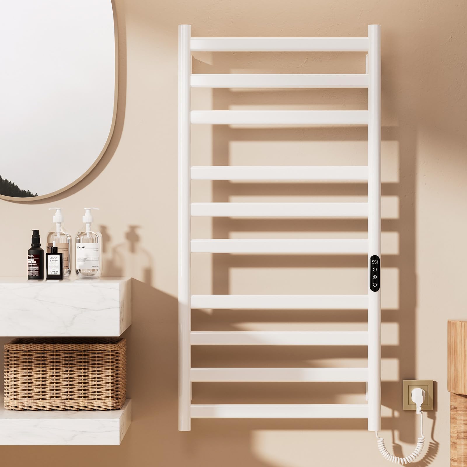 Radiador Toallero Eléctrico Baño, 285 W Radiador Calienta Toallas de Toallero, Toallero Calentado Temperatura Ajustable 30–70 °C, Temporizador 1-9 H y Pantalla táctil LED, IPX4, 50x100cm, Blanco