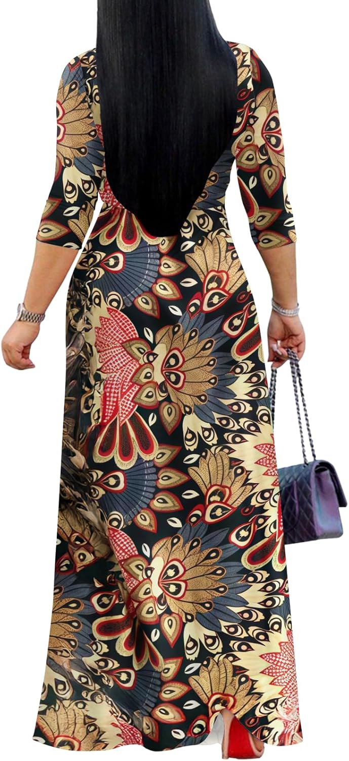 Yajedo Womens Casual Summer Maxi Dress Plus Size Sexy Warp V Neck 3/4 Sleeve Sundress with Poctets - Image 2