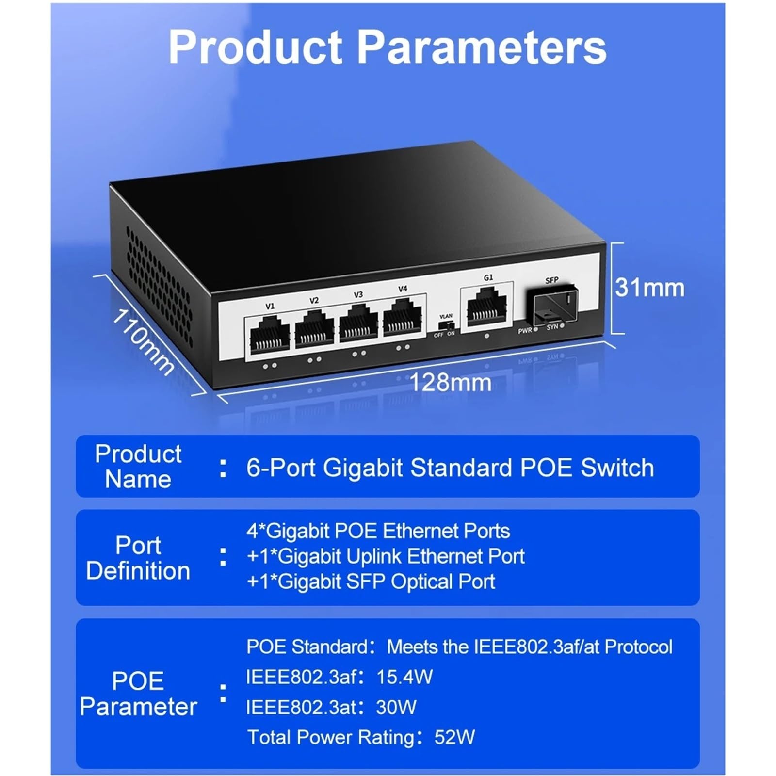 Switch Industriale Switch Poe Gigabit a 6 Porte Switch di Rete Poe Attivo da 1000 Mbps 52 W(AU Adapter)