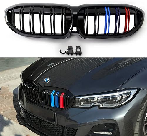 Miniatura 4 de Parrilla frontal G20 G21 compatible con BMW Serie 3 2019-2022 (parrilla de doble línea de inserción de capó frontal negro brillante,