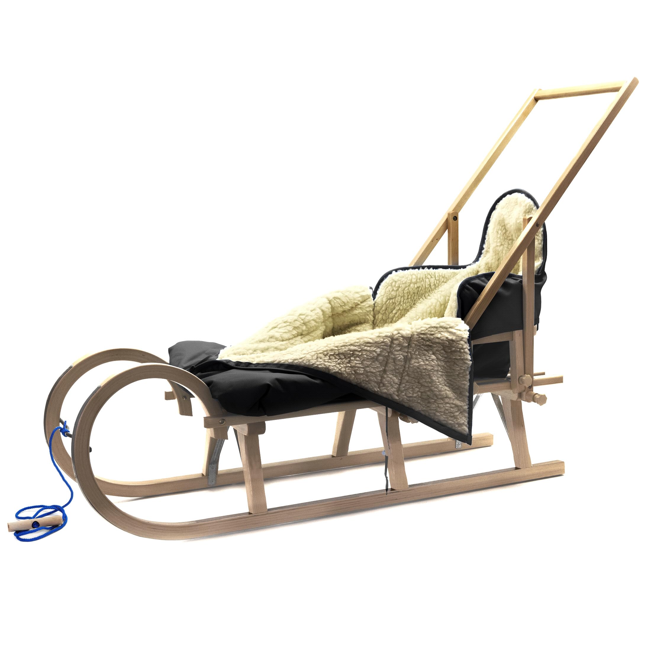Babyschlitten Hörnerschlitten Holzschlitten Baran Baby 120 mit Lehne Schieber Alaska Schlittensack mit Farbauswahl (Grafit)