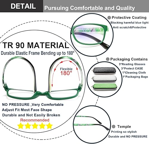 Miniatura 4 de EYEURL Lectores con bloqueo de luz azul para mujer, 2 pares de anteojos de lectura para computadora + 1.5 marcos rectangulares elegantes anteojos de