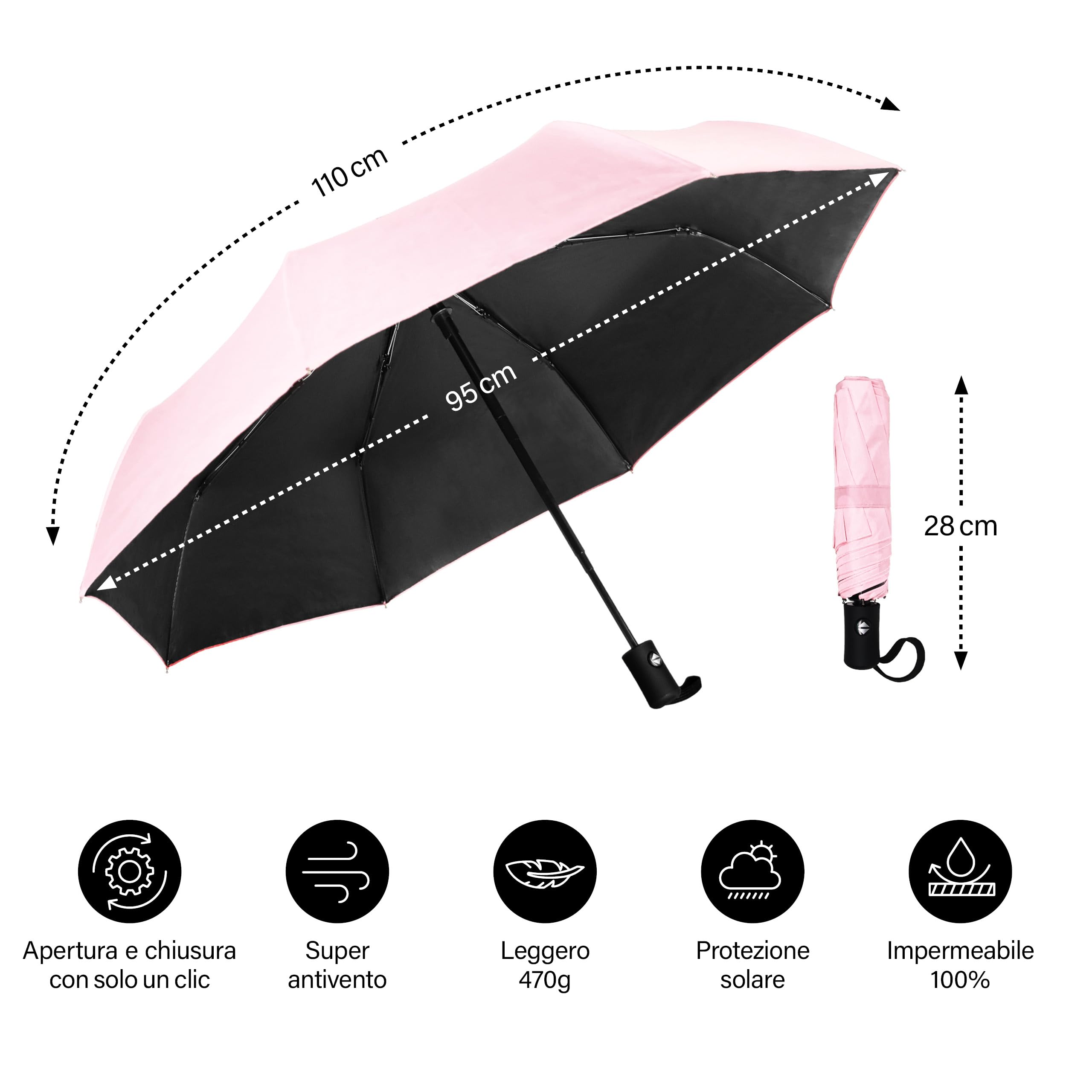 drytogo Ombrello pieghevole + apertura chiusura automatico - resistente al vento - leggero diversi colori manico antiscivolo per Uomo Donna e Ragazzi