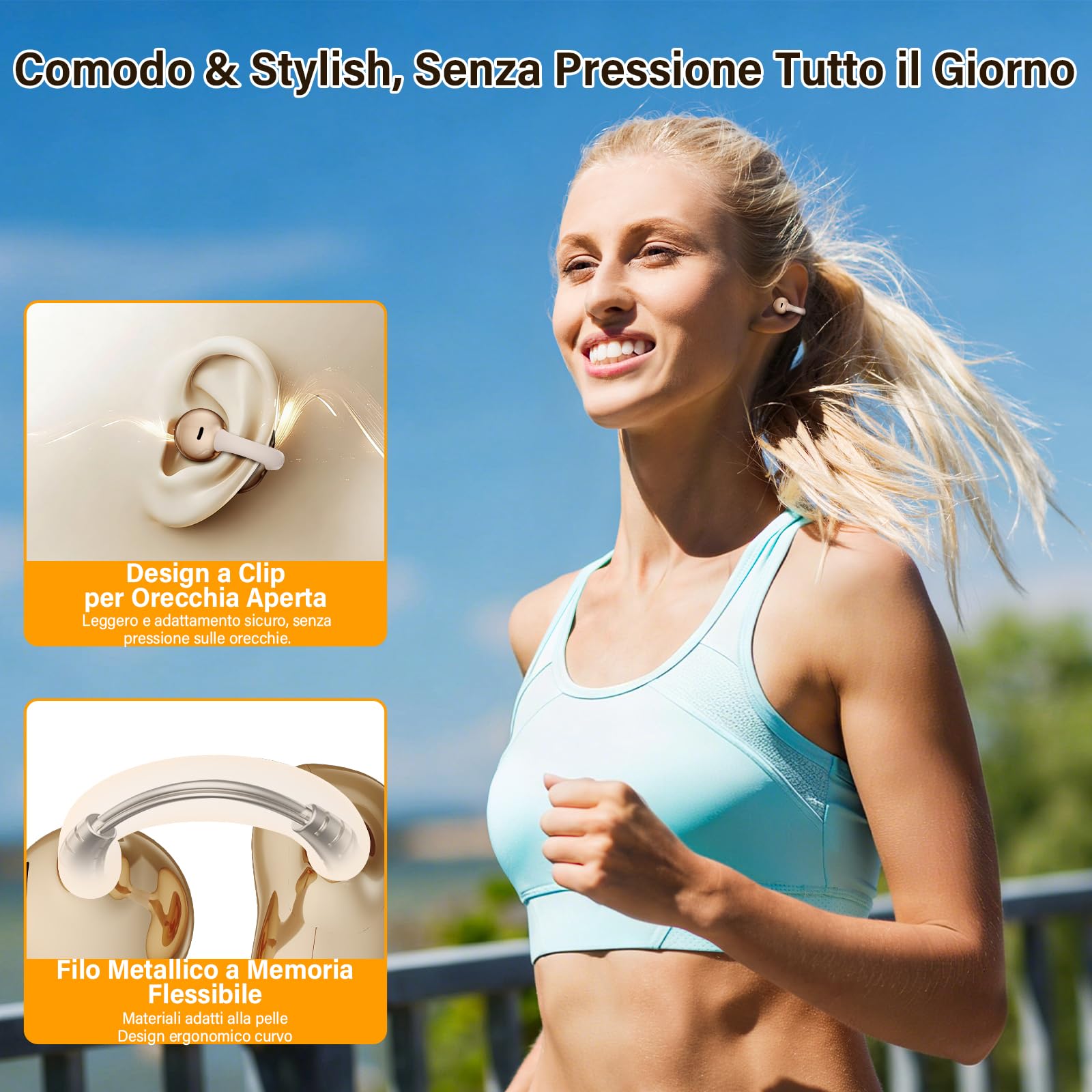 Cuffie sportive a conduzione ossea,design innovativo con clip auricolare per corsa e fitnes,durata della batteria di 180 ore,vestibilità sicura, resistenti all'acqua e alla polvere(Tonalità pelle)