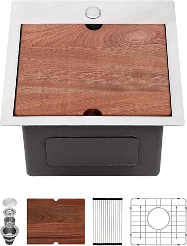 Sarlai Fregadero de barra de 15 barras de 15 x 15 pulgadas, fregadero de barra de cocina de acero inoxidable calibre 16, estación de trabajo de