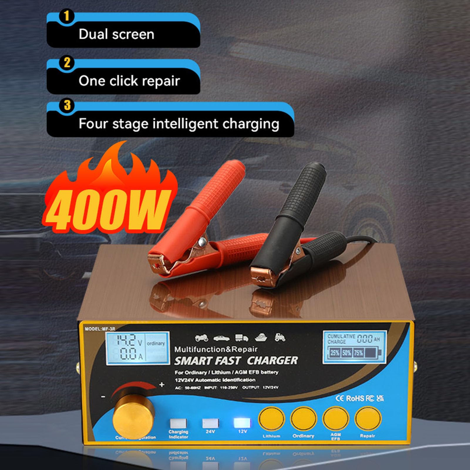 Luocute Caricatore della Batteria Dell'auto, Manutentore di Batteria Automatica Intelligente 400 W e Desolfator, Caricatore a Gocciolamento, Adatto Alla Barca per Falciatrice per (Spina europea)