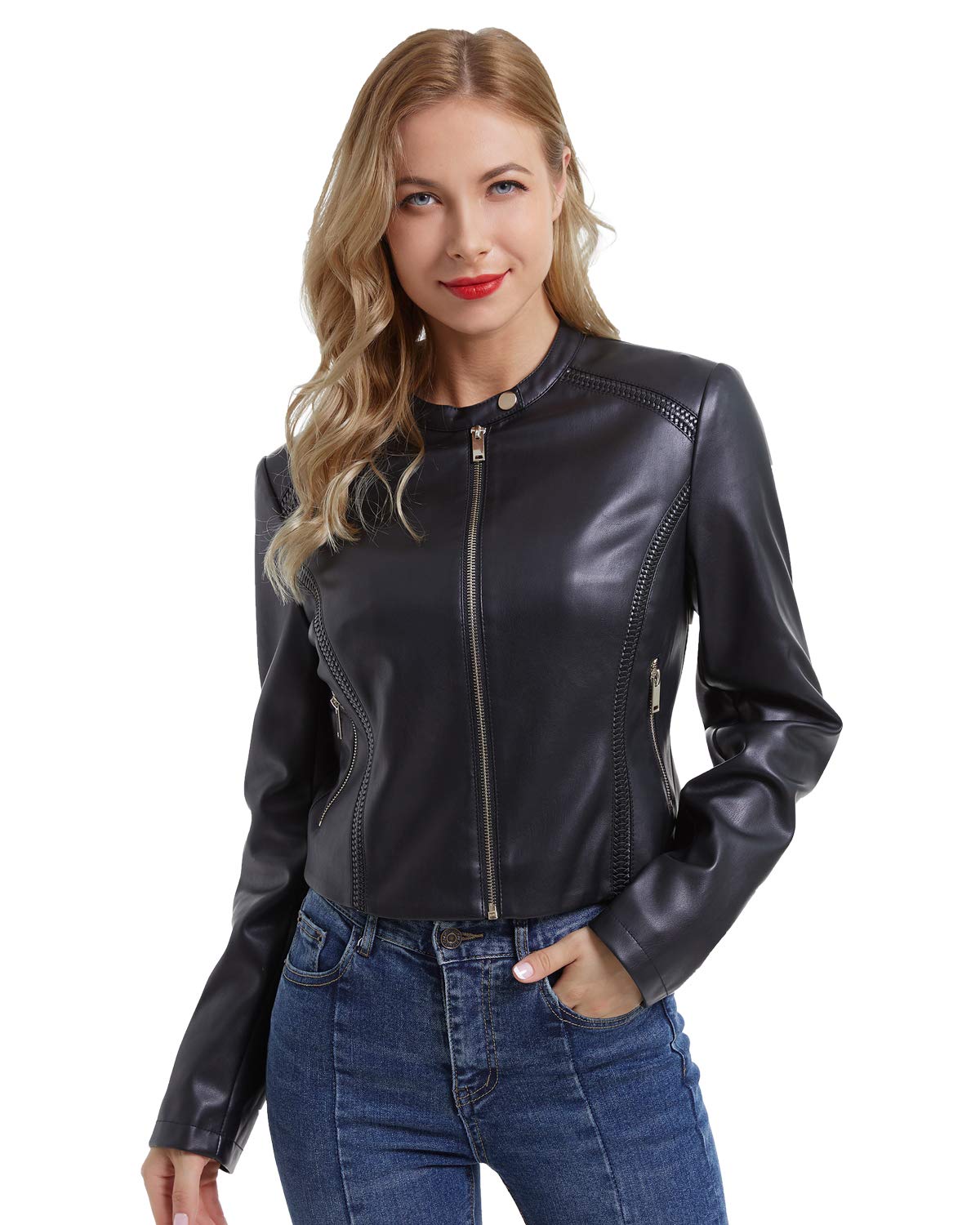 DIASHINY Kunstlederjacke für Damen, Moto-Biker-Mantel mit Reißverschluss, kurze PU-Motorrad-Oberbekleidung