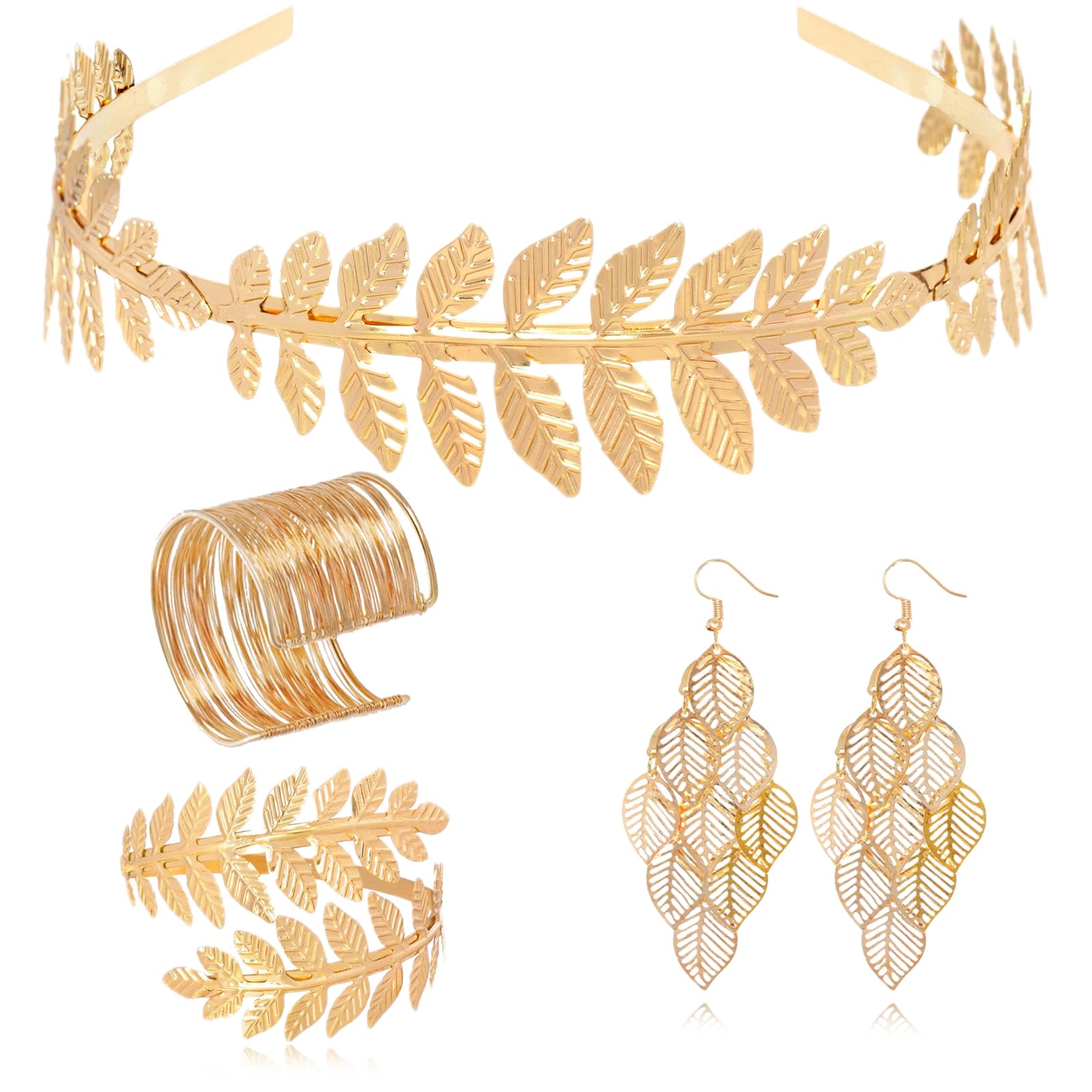 AIEDECOPT Conjunto de Accesorios para Disfraz de Diosa Griega, Corona de Hoja de Laurel Dorada, Brazaletes de Hojas y Pendientes, Accesorios de Disfraz Mujer, para Boda, Fiesta, Carnaval y Halloween