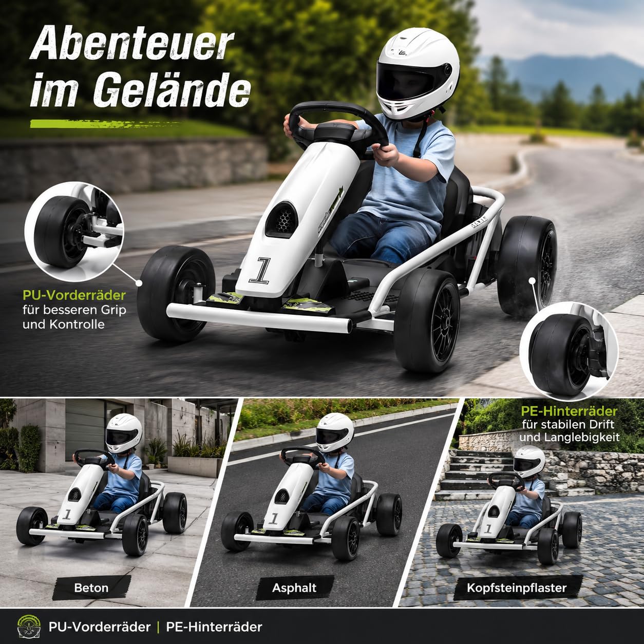 IDEALHOUSE Elektro GoKart 24V, Kinderfahrzeug Mit Drift-Funktion | 24V Kinder Elektro GoKart mit 2x300W Motoren, Drift-Funktion, Sicherheitsgurt, Sanftanlauf, Musik und verstellbarem Sitz