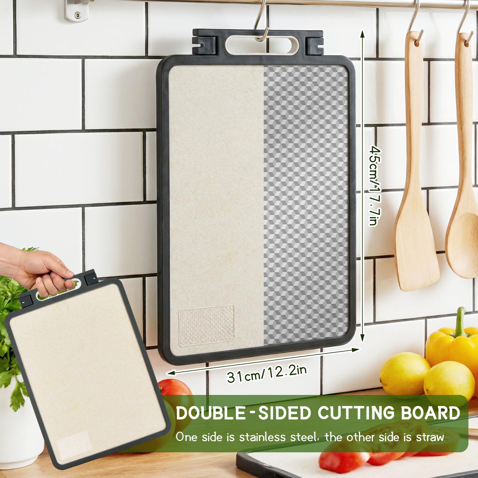 2 in 1 Tagliere Acciaio Inox Bifacciale, Tagliere da Cucina Professionale, Tagliere per la Cucina, Tagliere in Acciaio Inox Alimentare per Carne/Frutta/Verdura - 45 x 31 cm (B)