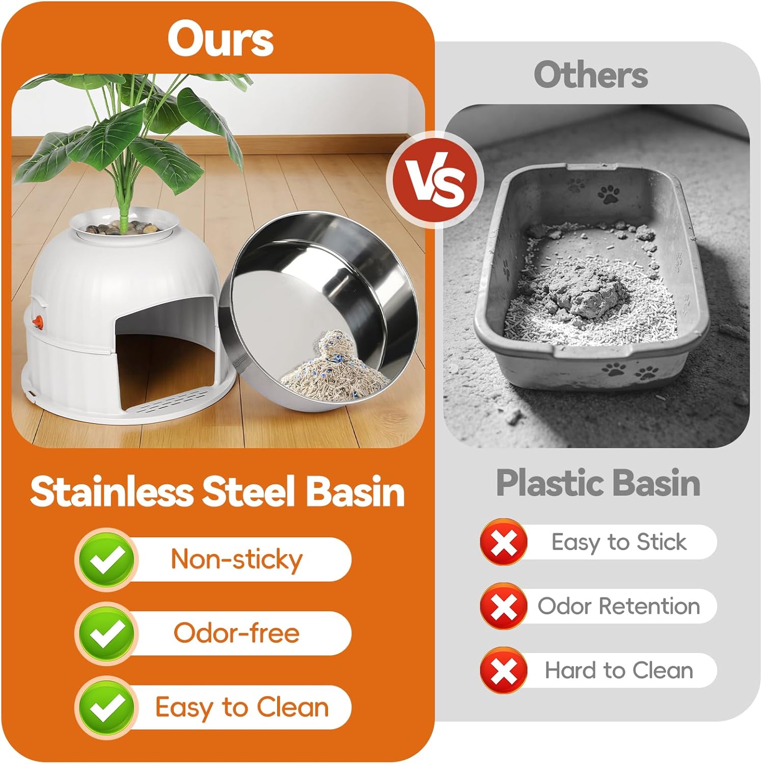 Hidden Cat Litter Box Enclosure with Artificial Plant, Stainless Steel Litter Box Furniture, Decorative Round Planter Includes Scoop, Pebbles, Carbon Filter, Easy to Clean (Beige)