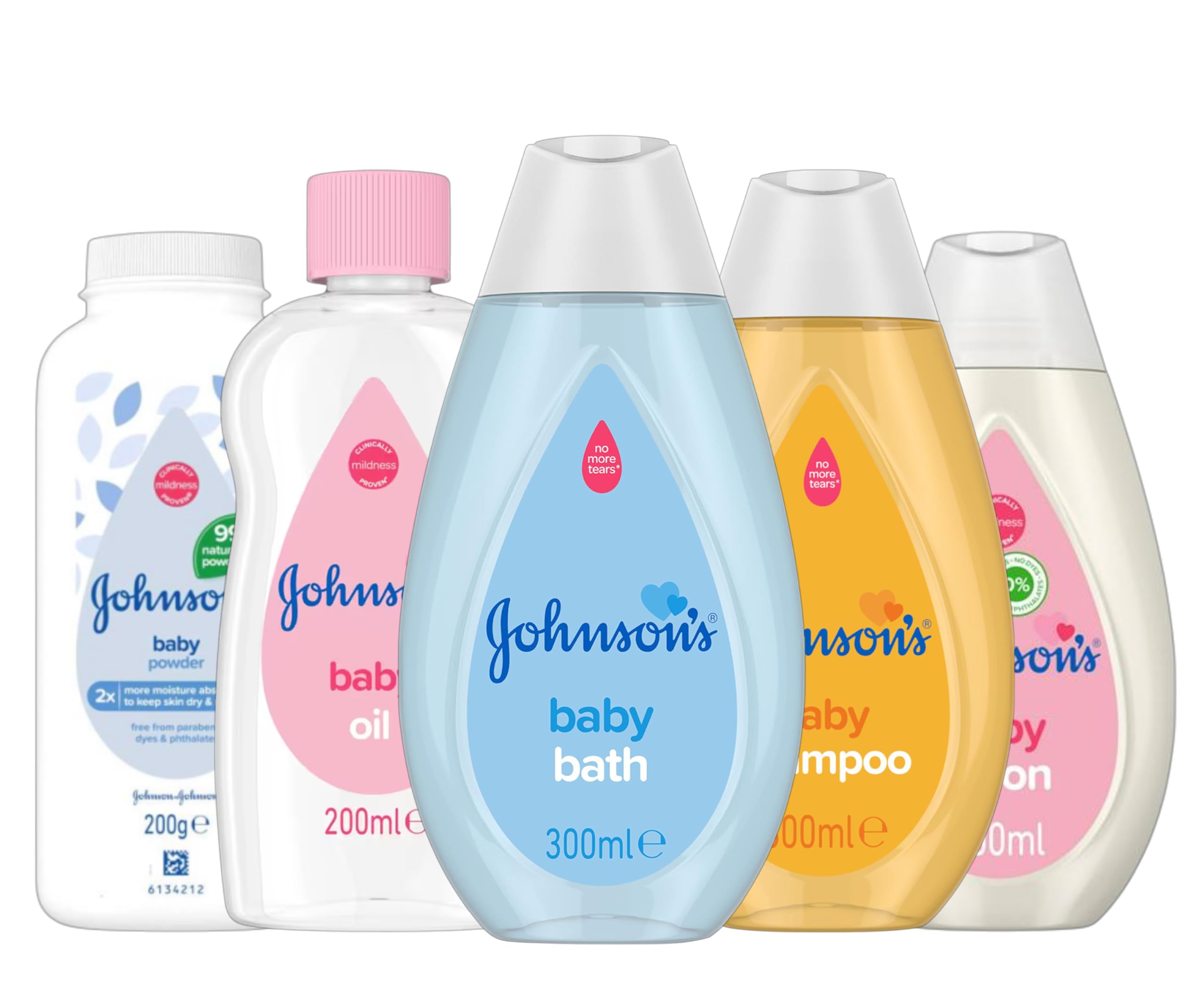 Johnson's Baby Care Bundle | Baby Powder 200g, Baby Oil 200ml, Baby Bath 300ml, Baby Shampoo 300ml & Baby Lotion 300ml | Gentle & Mild for Delicate Skin | 5 Pack