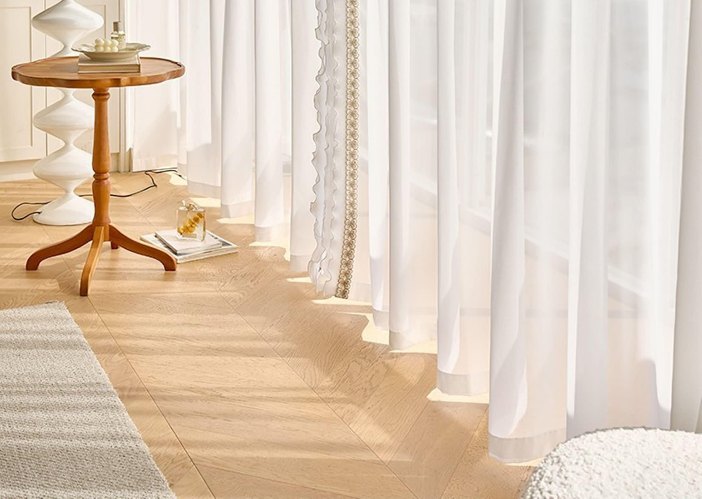 Daesar 2 Panneaux Rideaux Salon Beige Blanc, Rideau Transparent à Oeillets Couleur Unie avec Dentelle Noeud Papillon Rideaux Intérieurs pour Chambre Maison, Beige Blanc 102x160CM