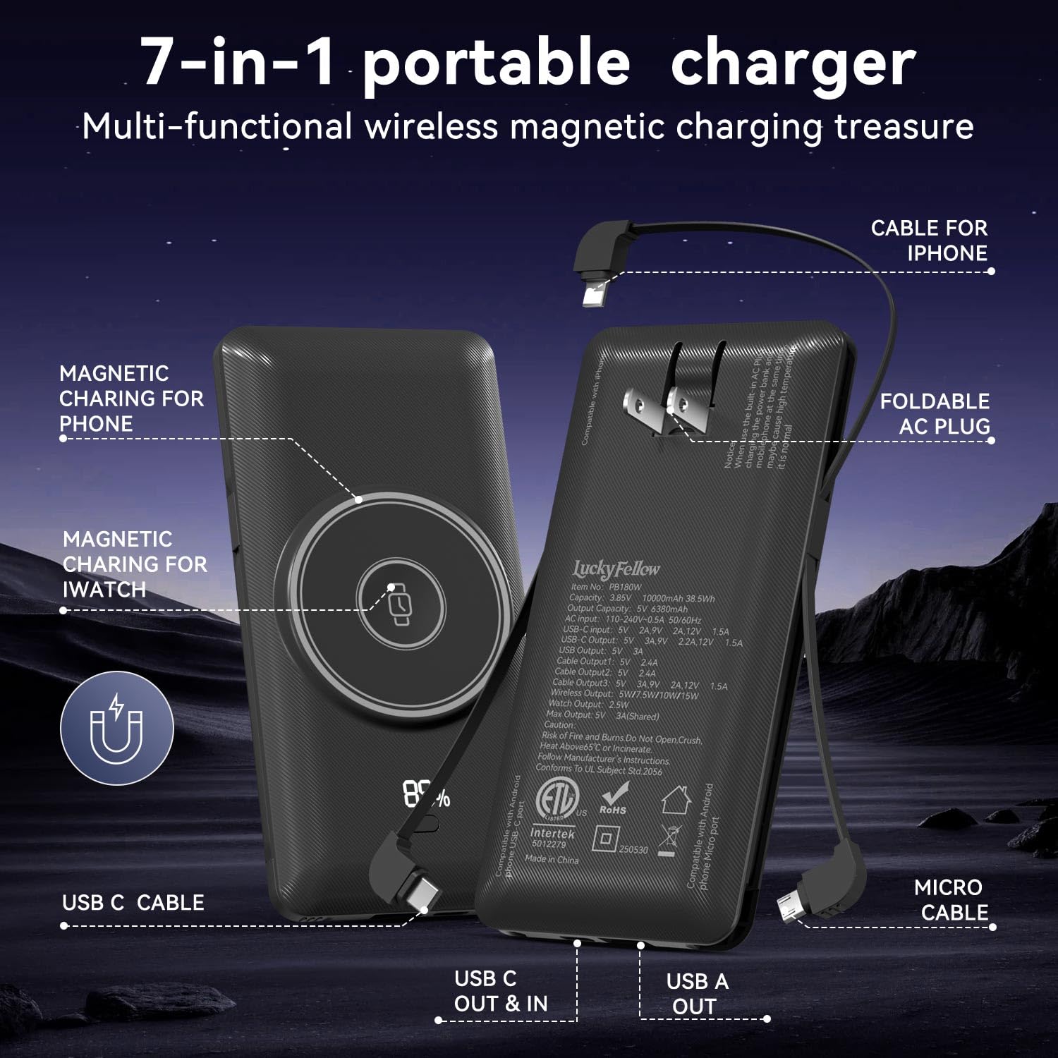 Caricabatterie portatile magnetico da 10000 mAh per iWatch e iPhone, PD ricarica rapida wireless Power Bank cavi integrati e spina a muro, batteria esterna da viaggio compatibile con