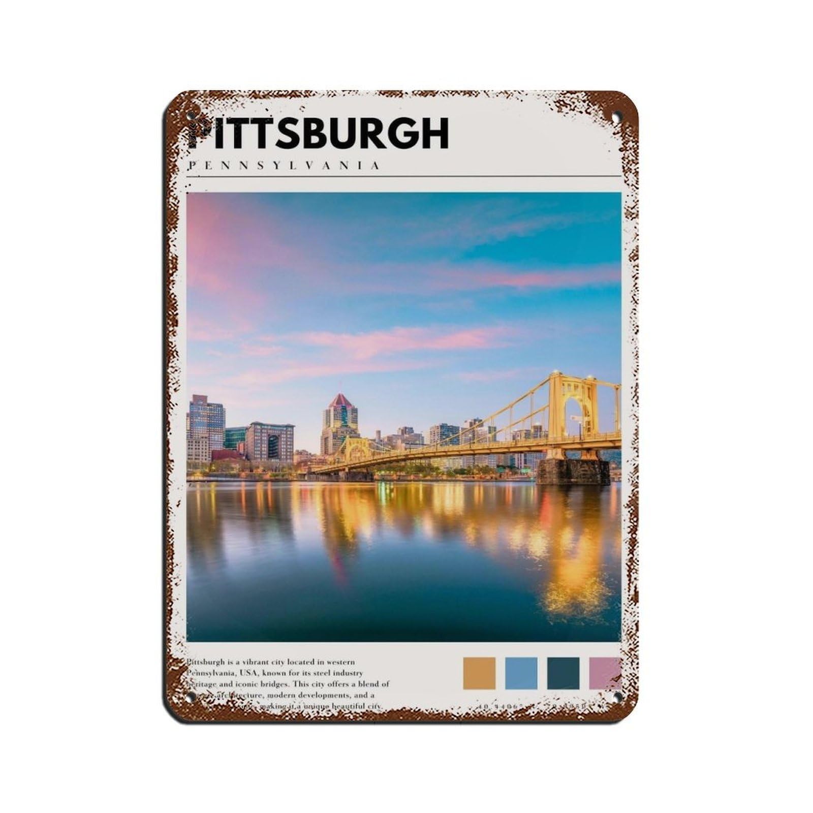Pittsburgh Pennsylvania Poster Tin Sign Vintage Metal Pub Club Cafe Bar Home Wall Art Decoration Poster Retro 12x16inch(30x40cm)