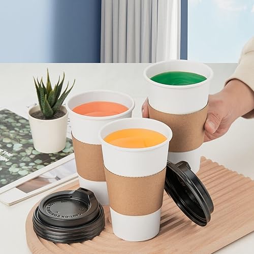 Miniatura 2 de RACETOP Tazas de café desechables con tapas y fundas de 16 onzas, paquete de 50 tazas de café de papel caliente con tapas, tazas para llevar con
