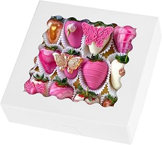 9" x 9" x 2.5" Pie Boxes, 30 Pack Auto Pop-up Chocolate Covered Strawberry Boxes White Bakery Boxes with Window for Cookies, Treats, Pastry, Breakable Heart, Donuts, Muffins
