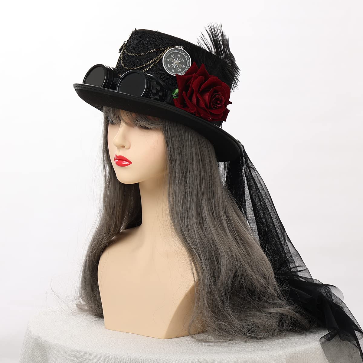 BPURB Chapeau Haut de Forme Steampunk Unisexe Adulte avec Lunettes Gothique Victorien Dentelle Voile Plume Chapeau Haut de Forme